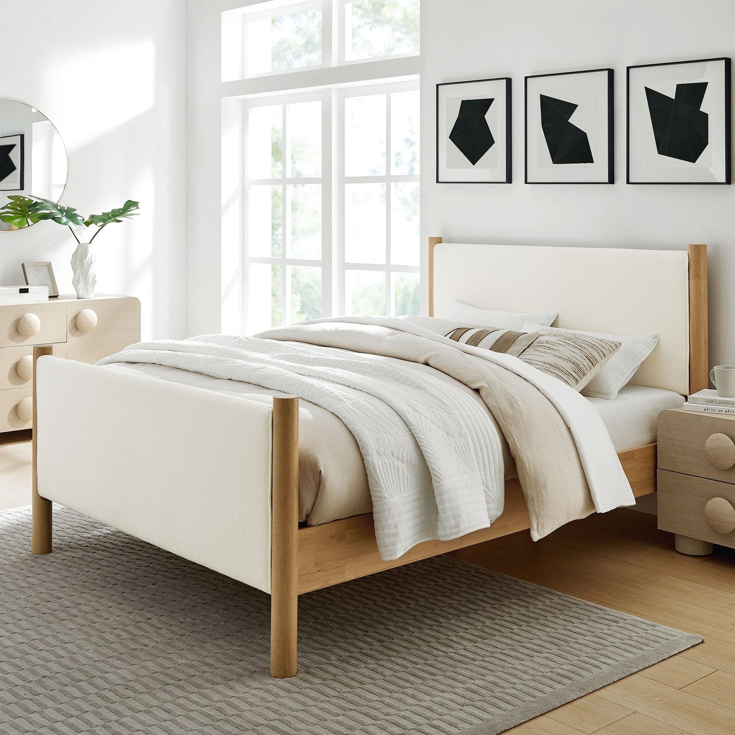 Modway Maven King Size Bed Frame in Tan Walnut with Faux Leather Upholstered Headboard and Footboard – Wood King Platform Bed Frame – No Box Spring Needed