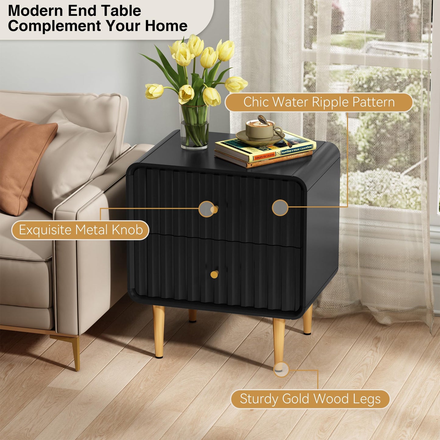 HLR Modern Nightstand Set of 2, Fluted Bed Side Table with 2 Drawers Storage, Wood End Table with Gold Metal Handle, White Night Stands for Bedroom