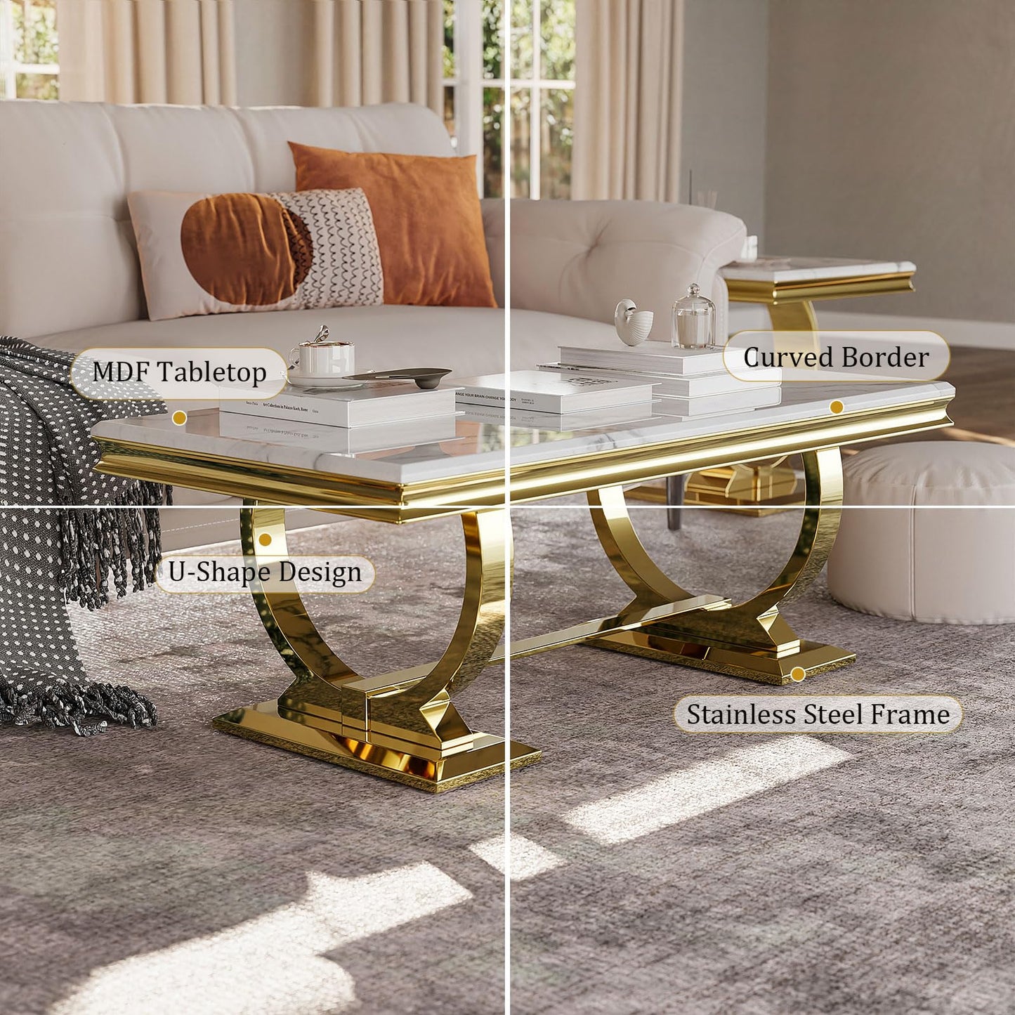 Asday Gold and White Coffee Table, Rectangle Marble Living Room Tea Table, Elegant Coffee Table for Living Room, Guest Hall, Reception Room