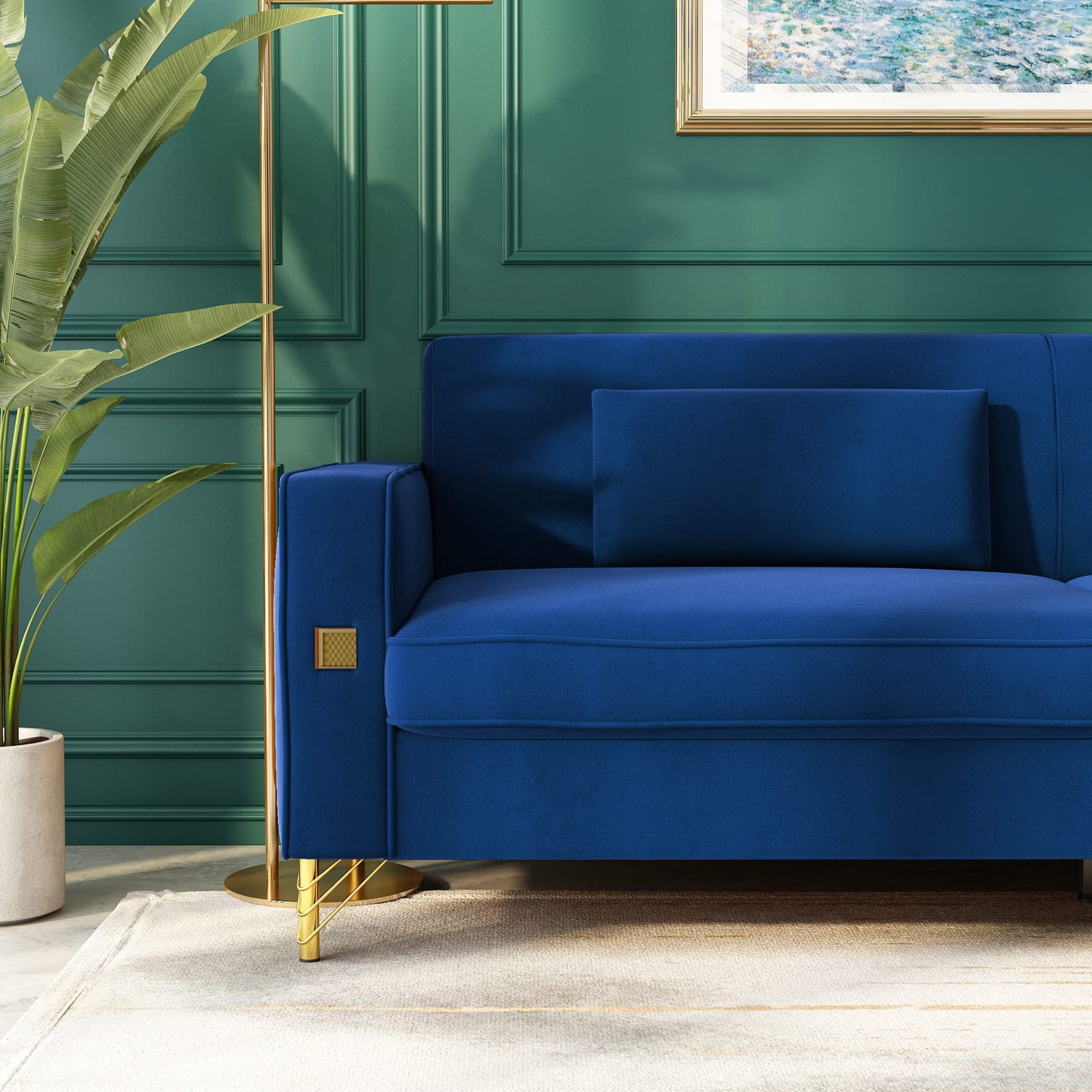 85.63" Velvet Sofa,Modern Loveseat Couch with Pillows Set of 2 for Living Room,Bedroom,Apartment Furniture with Gold Metal Legs (Green)