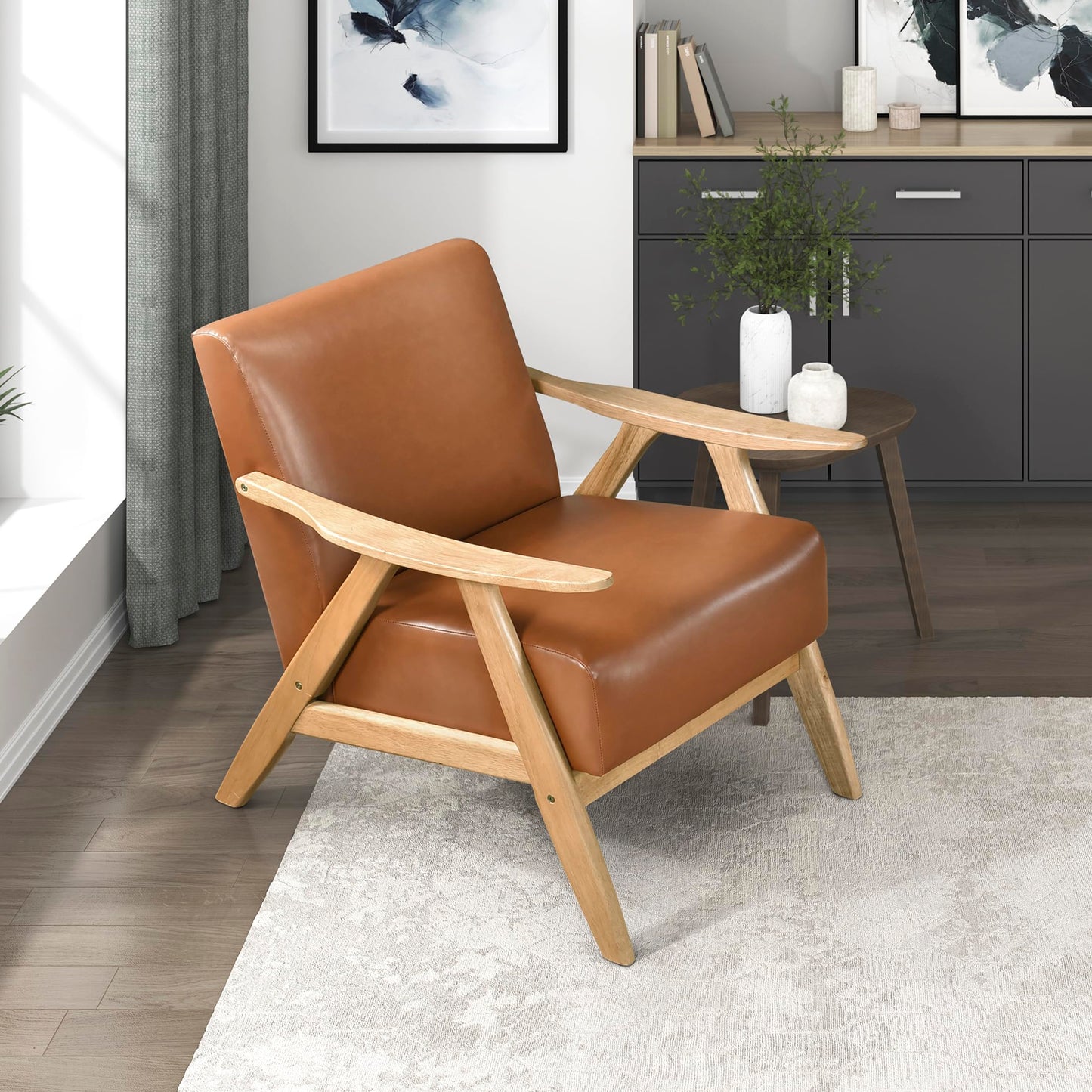 Lexicon Mid Century Modern Accent Chair with Solid Wood Frame in Walnut Finish, Upholstered Living Room Lounge Arm Chair, Thick and Comfy Innerspring Seat Cushion, Linen-Look Fabric, Gray