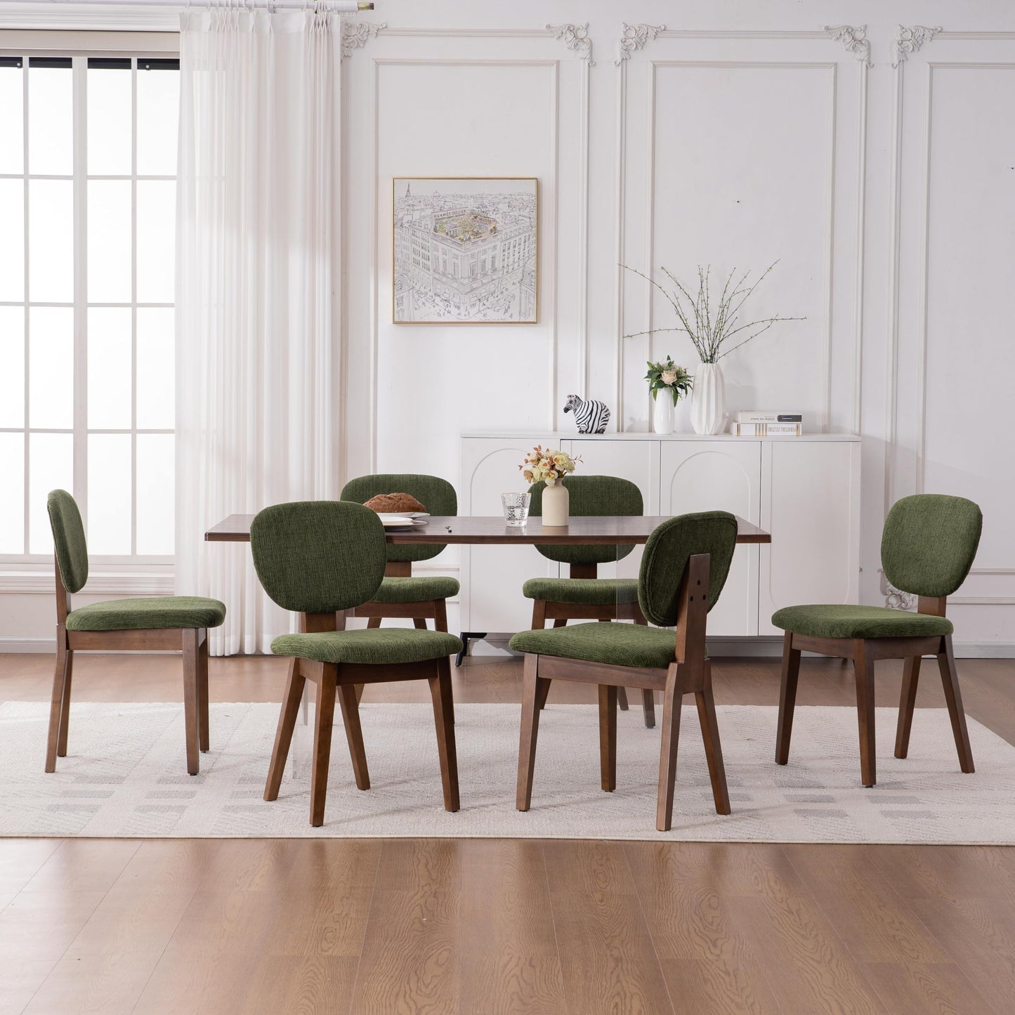 VKNOW Wooden Dining Chairs Set of 4, Mid Century Modern Upholstered Kitchen Side Chairs, Chenille Dining Room Chair with Curved Seat Backrest for Home Dining Room,Green
