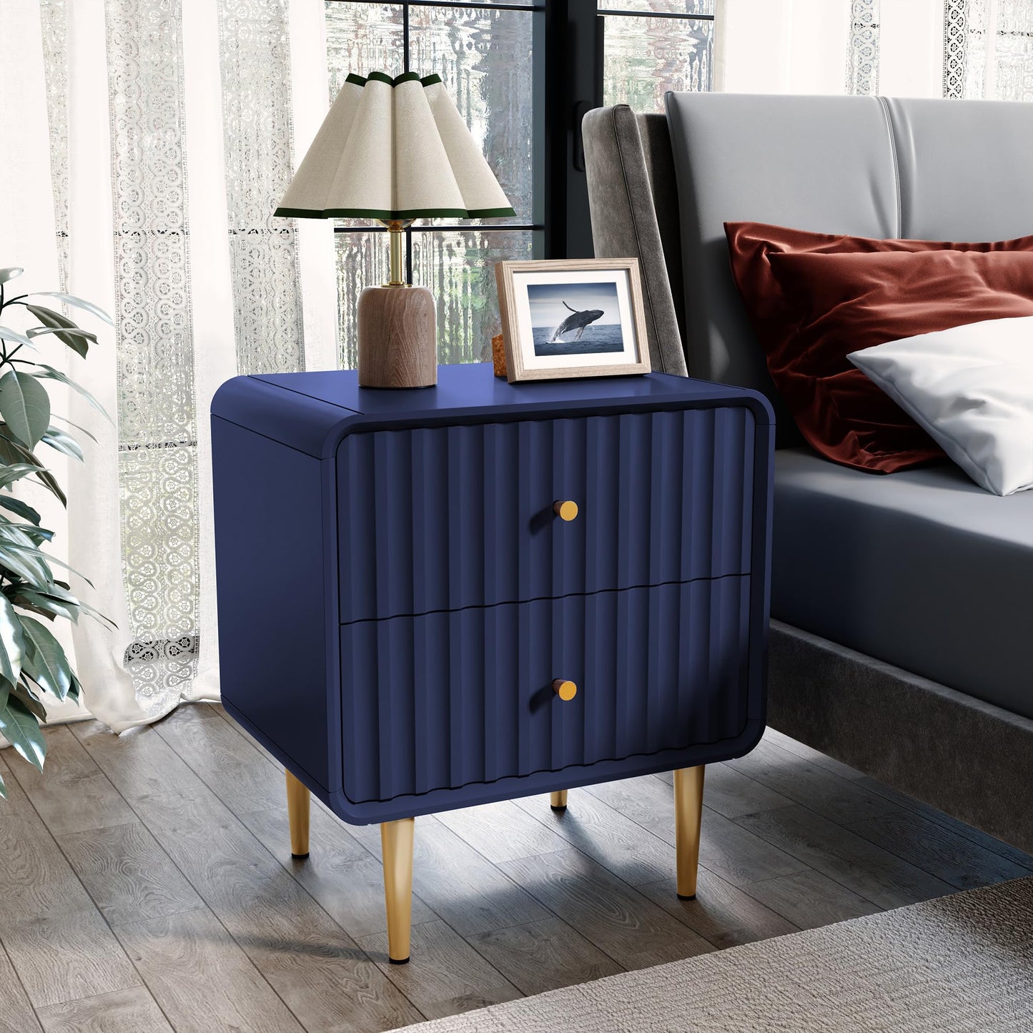HLR Modern Nightstand Set of 2, Fluted Bed Side Table with 2 Drawers Storage, Wood End Table with Gold Metal Handle, White Night Stands for Bedroom