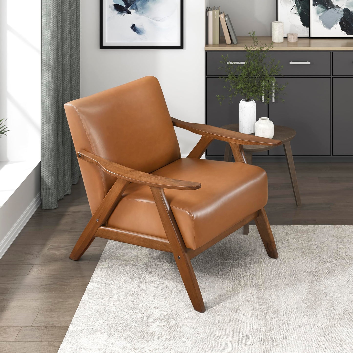 Lexicon Mid Century Modern Accent Chair with Solid Wood Frame in Walnut Finish, Upholstered Living Room Lounge Arm Chair, Thick and Comfy Innerspring Seat Cushion, Linen-Look Fabric, Gray