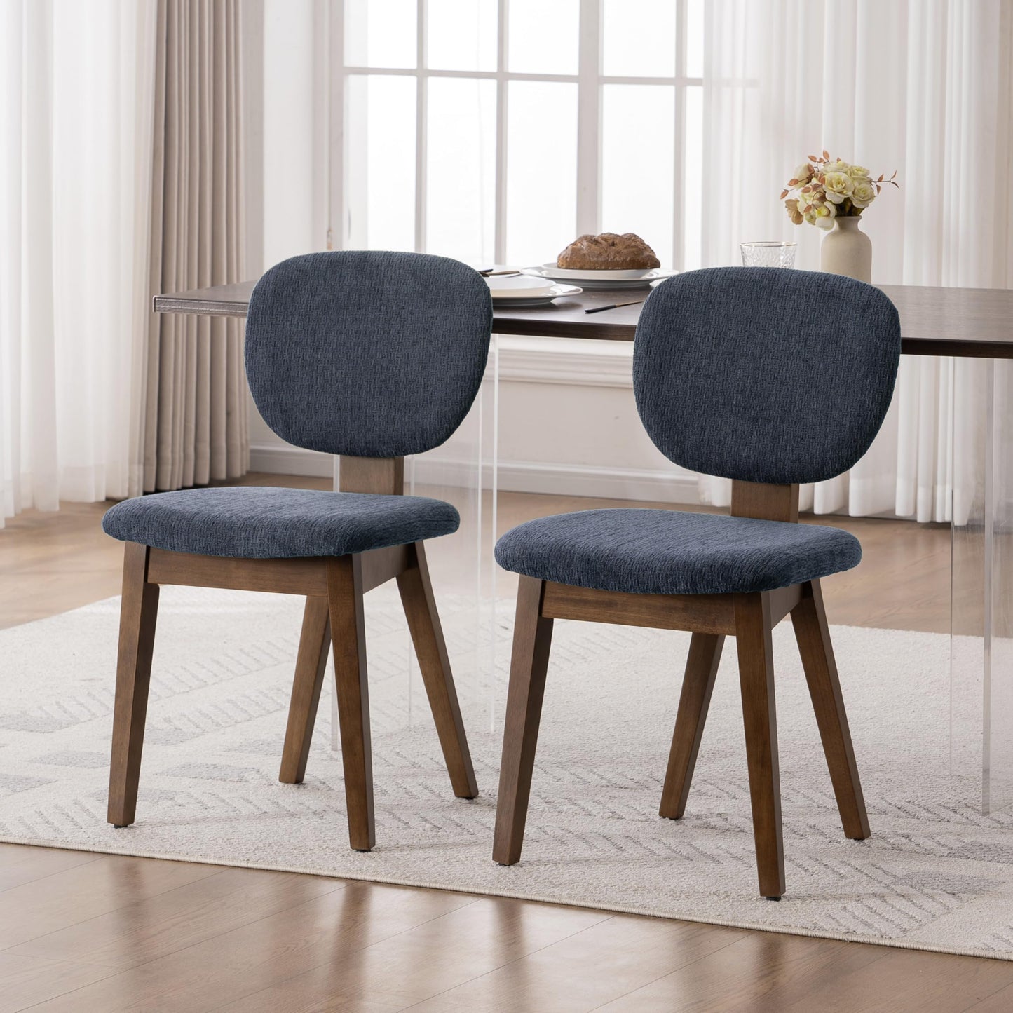 VKNOW Wooden Dining Chairs Set of 4, Mid Century Modern Upholstered Kitchen Side Chairs, Chenille Dining Room Chair with Curved Seat Backrest for Home Dining Room,Green