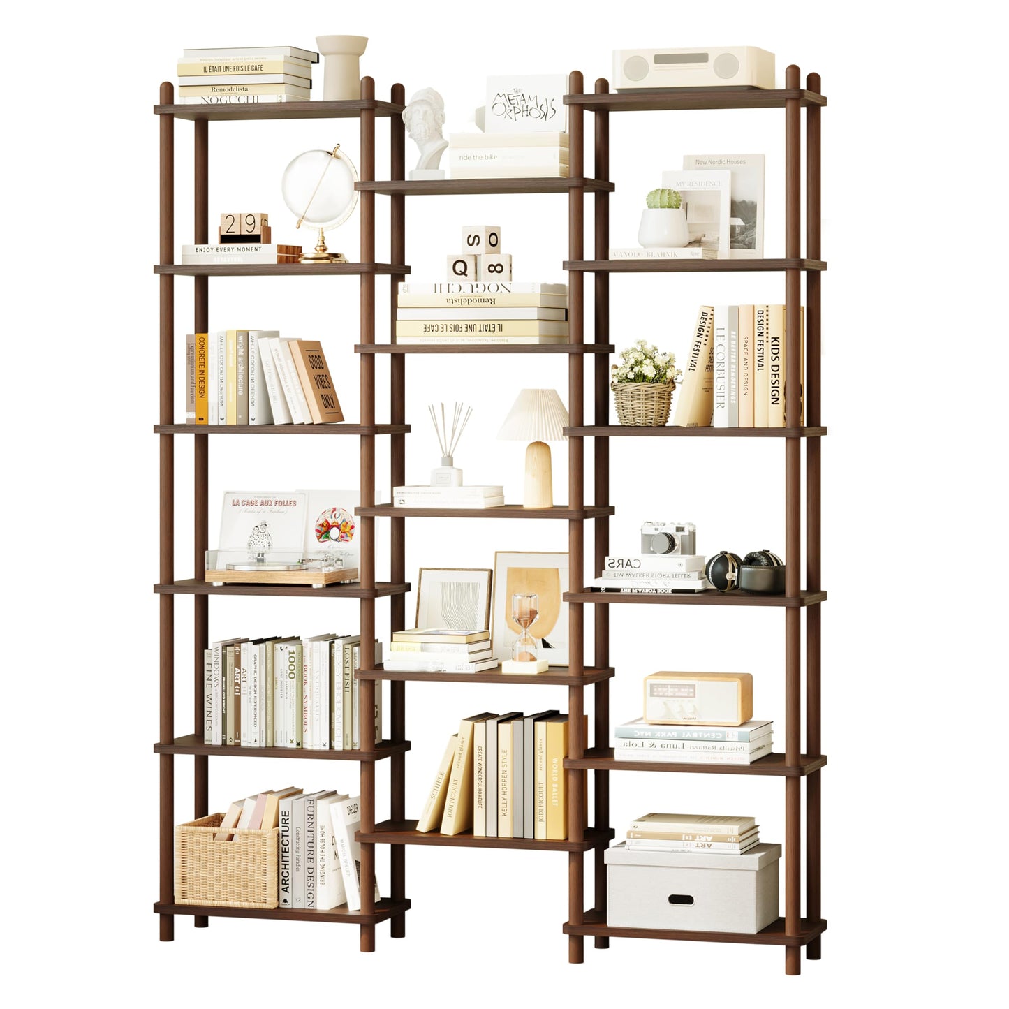 IOTXY Wooden Triple Wide Bookshelf - 5-Tier Large Shelf Bookcase with Solid Beech Frame, Tall Freestanding Open Etagere Display Rack for Home Office, Walnut