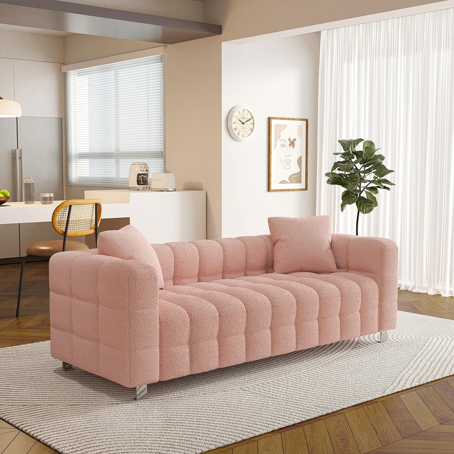 87.4" Modern 3 Seater Boucle Sofa Couch for Living Room, Mid Century Fluffy Couches with Solid Wood Frame and 6 Legs for Bedroom, Apartment, Weight Capacity 750 LBS (White)