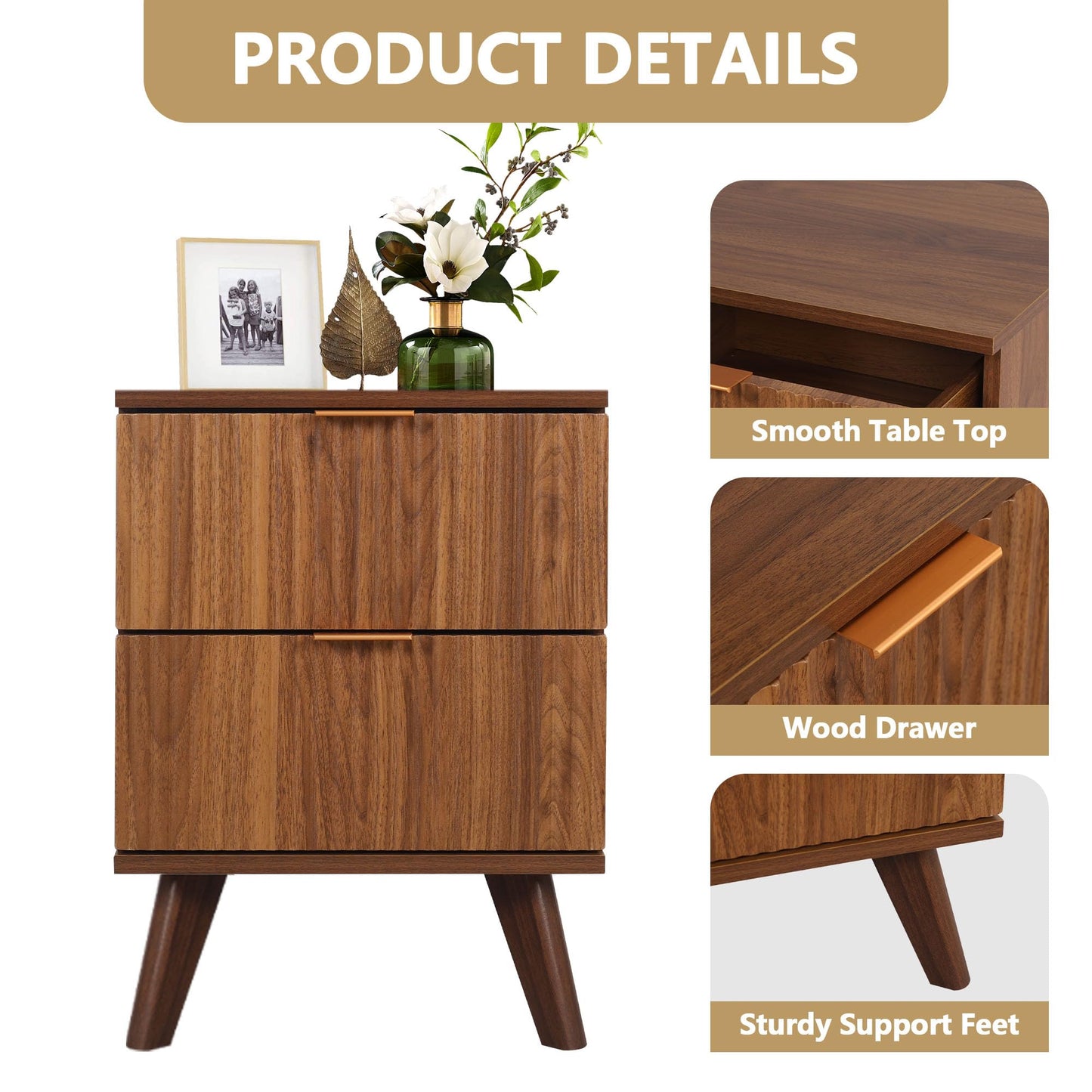 Fluted Nightstand Set of 2, Mid Century Modern 2 Drawer Dresser for Bedroom, Small Dresser Night Stand Side Table End Table with Wood Fluted Drawer Storage for Bedroom Closet(Walnut)