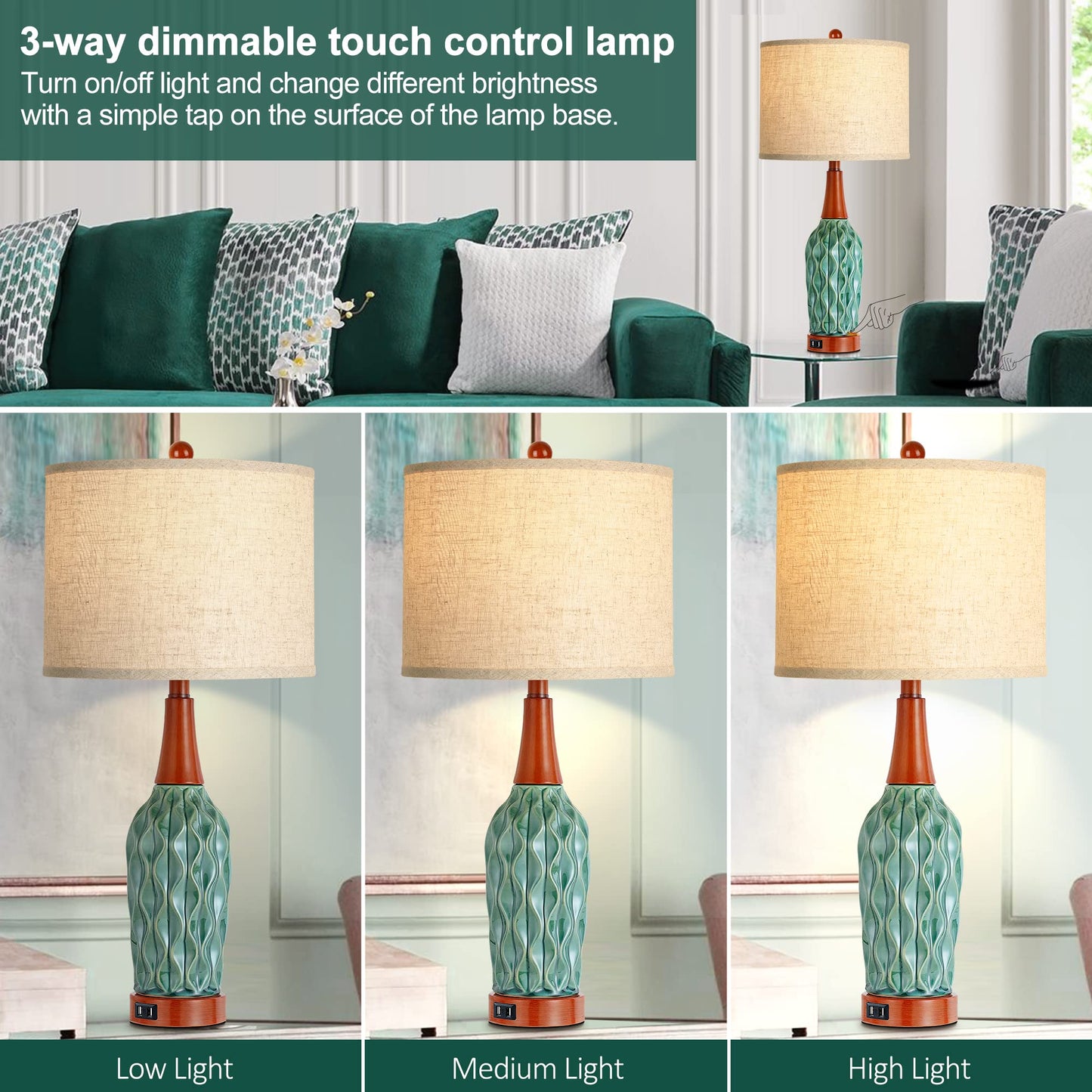 CeramicTable Lamps Set of 2 Lamps for Bedroom Living Room Office 26" Rotary Coastal Bedside Lamp for Nightstand with 2 USB Ports 3-Colors