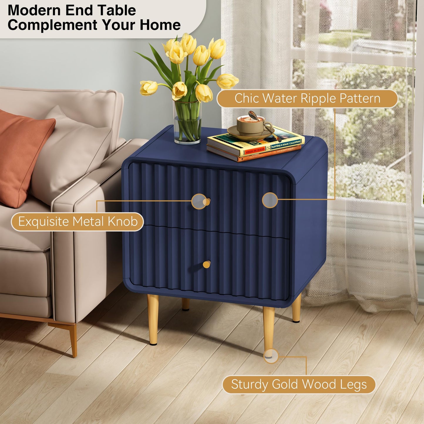 HLR Modern Nightstand Set of 2, Fluted Bed Side Table with 2 Drawers Storage, Wood End Table with Gold Metal Handle, White Night Stands for Bedroom