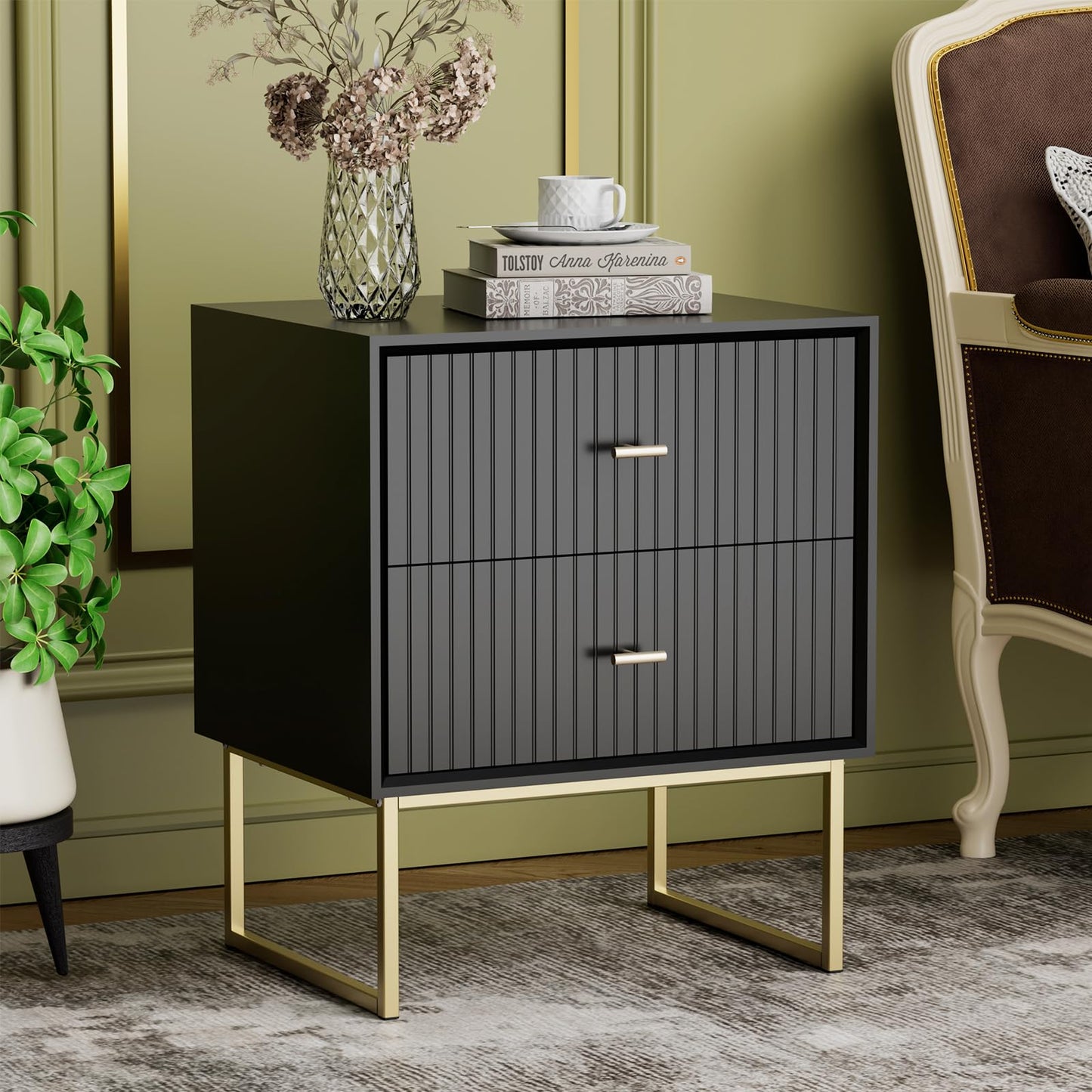 UEV Navy Blue Nightstand Set of 2,Modern Grooved Stripes Bed Side Table with 2 Drawers,Wood End Table with Golden Metal Handles and Pedestal Frame for Bedroom Living Room