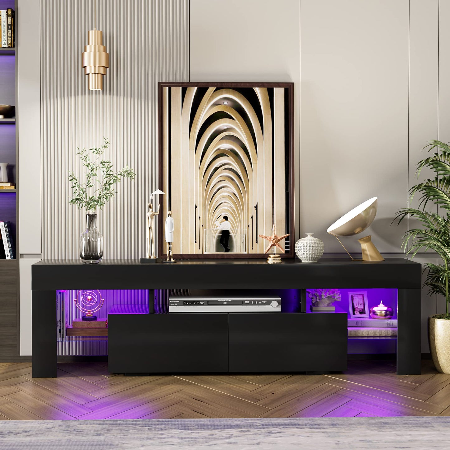 JUMMICO TV Stand, Modern Lighting TV Cabinet Entertainment Center Media and Open Shelf, TV Console Table with 1 Drawer and Remote Control, 20 Color LED Lights up to 70 Inch TV (White)