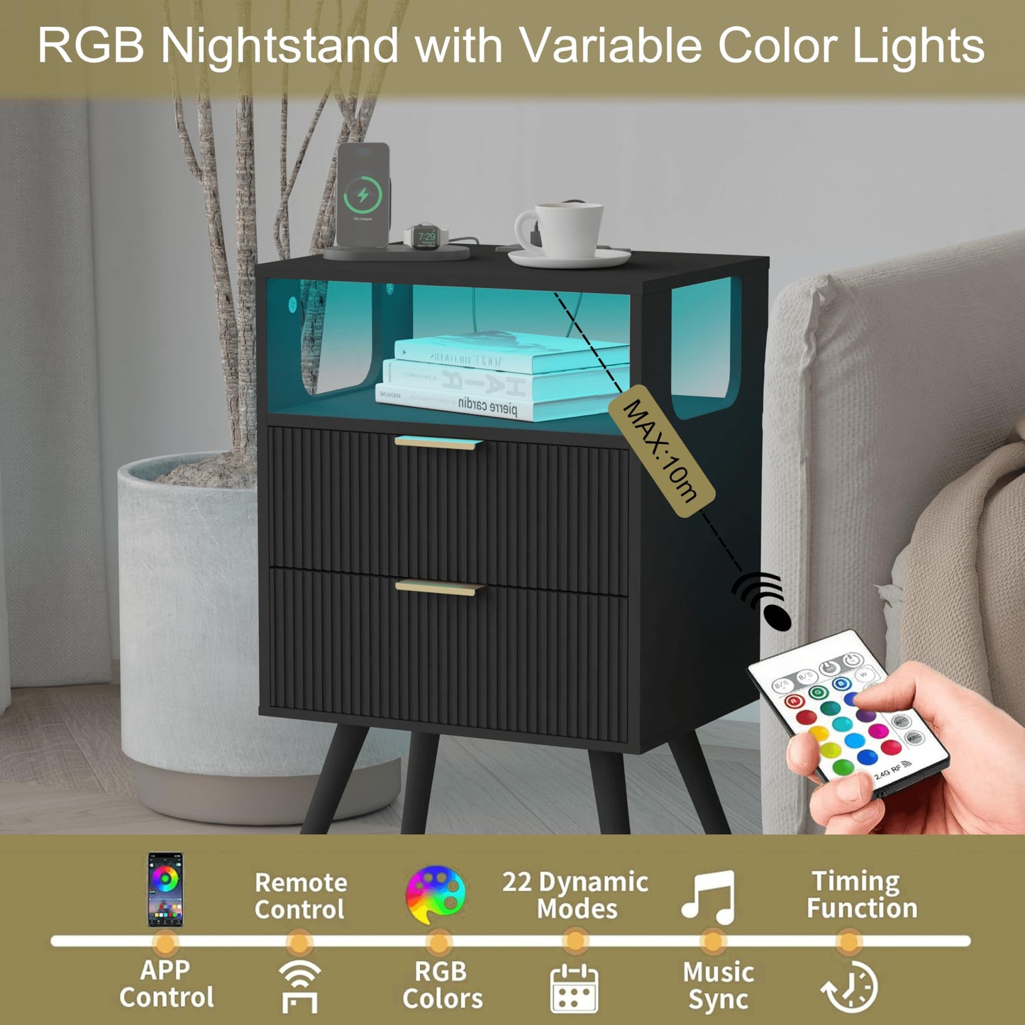 Nightstand with Charging Station and LED Lights,Modern Bedside Table with 2 Storage Drawer and Open Wood Shelf, for Bedroom and Small Spaces,Night Stand with Solid Wood Legs,GreyOak