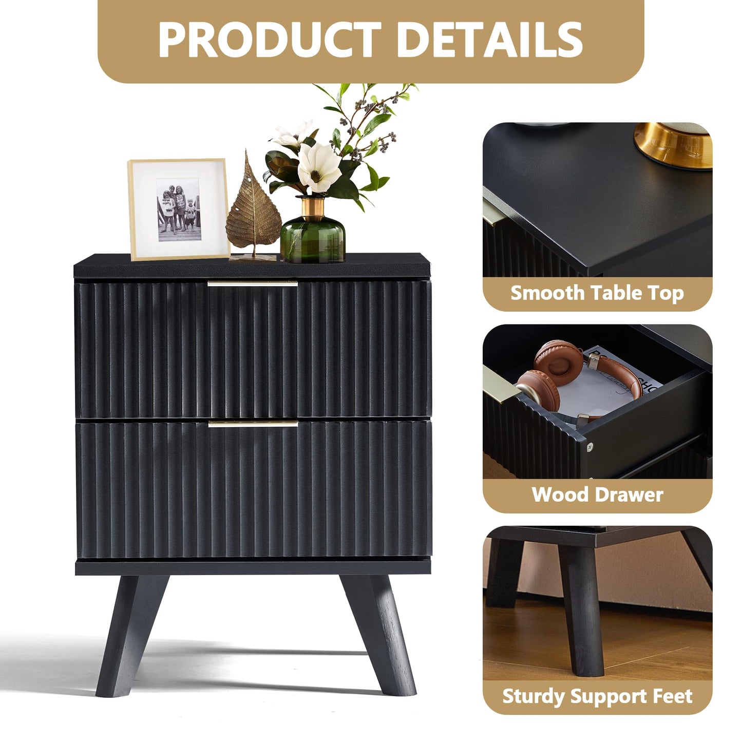 Fluted Nightstand Set of 2, Mid Century Modern 2 Drawer Dresser for Bedroom, Small Dresser Night Stand Side Table End Table with Wood Fluted Drawer Storage for Bedroom Closet(Walnut)