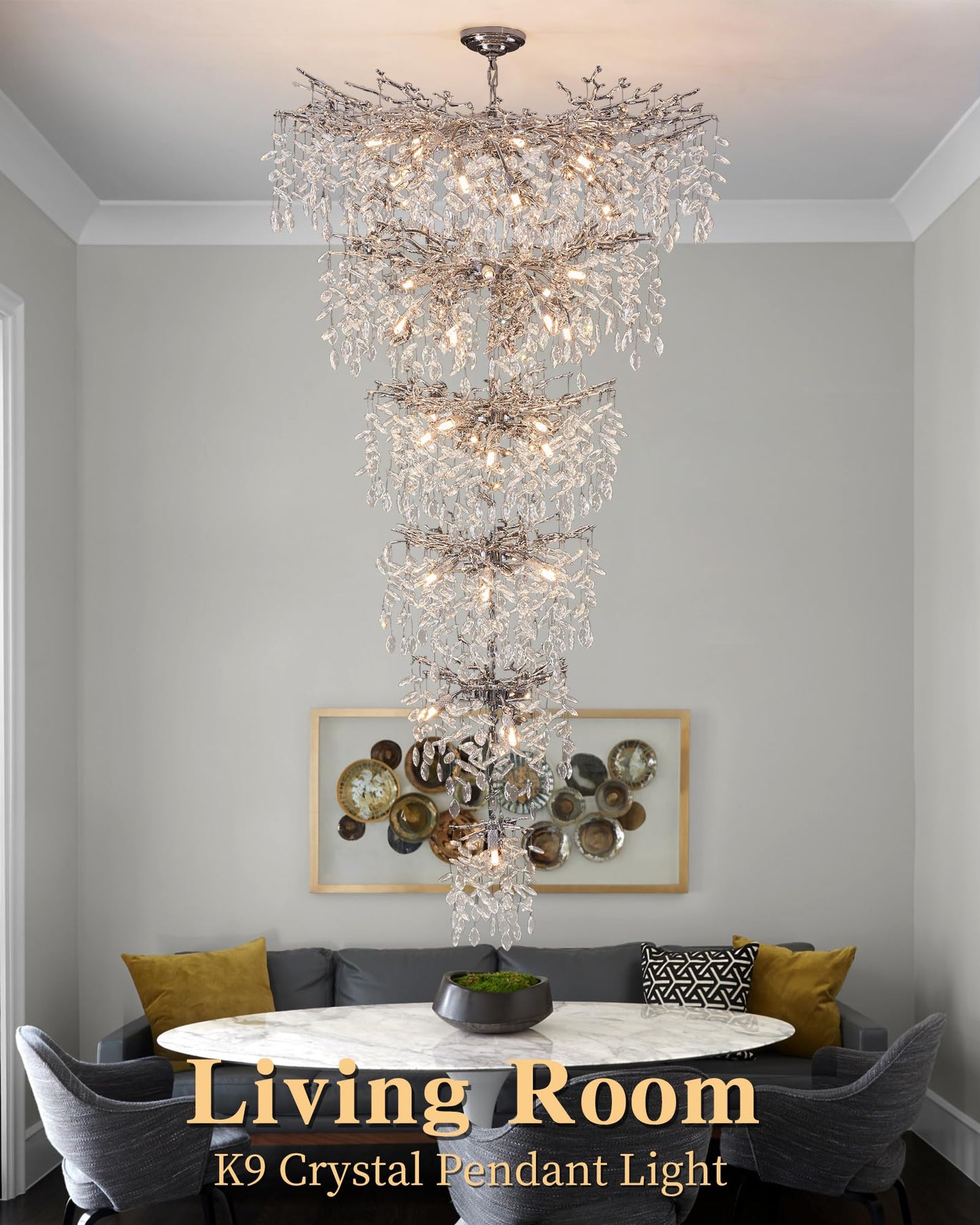 Modern Tree Branch Crystal Chandelier Luxury Silver Crystal Pendant Lighting 18" Contemporary 6-Light Chandeliers for Dining Room Kitchen Bedroom Living Room