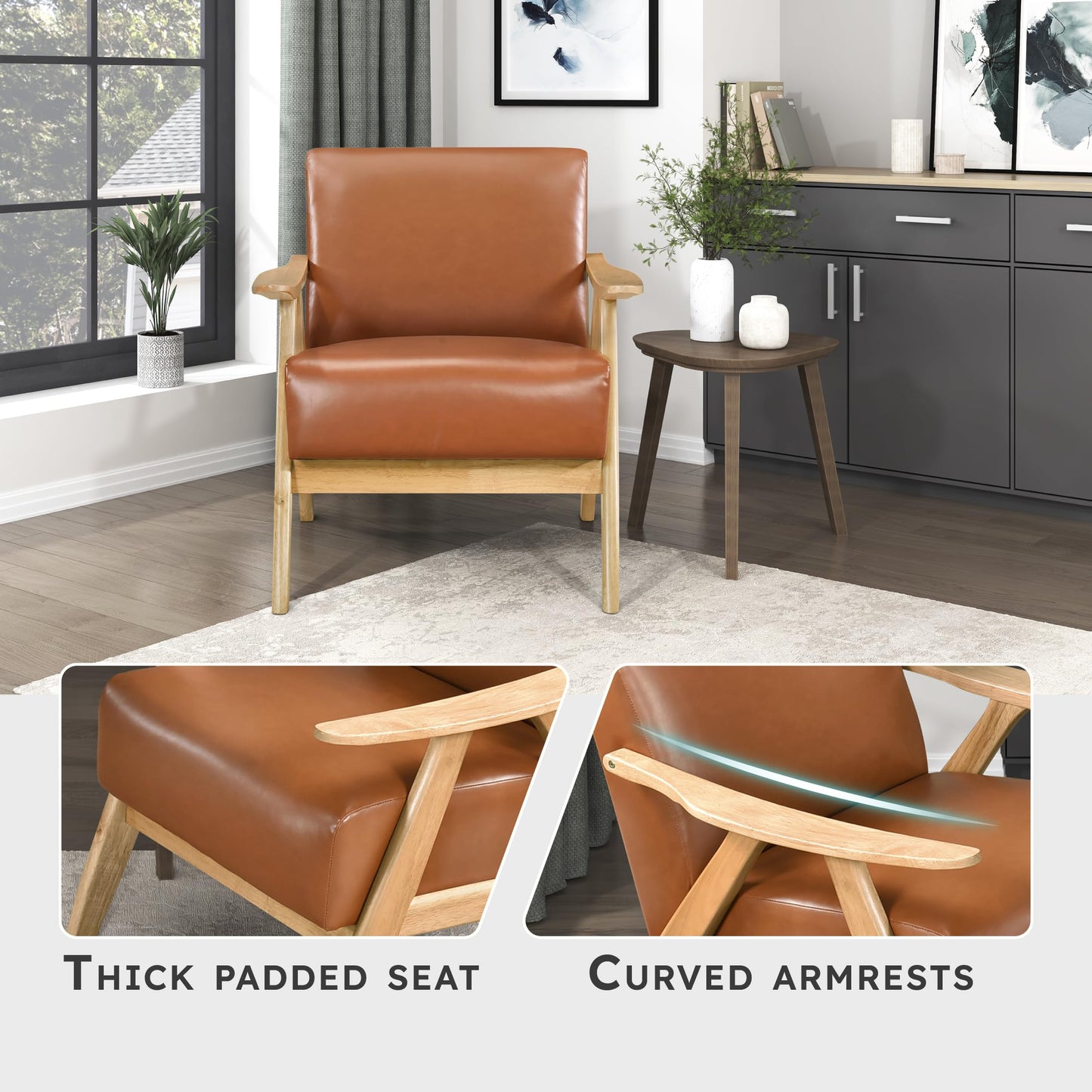 Lexicon Mid Century Modern Accent Chair with Solid Wood Frame in Walnut Finish, Upholstered Living Room Lounge Arm Chair, Thick and Comfy Innerspring Seat Cushion, Linen-Look Fabric, Gray