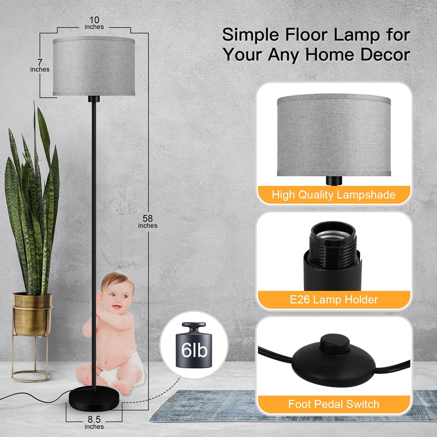 Floor Lamp Black, Standing Lamp, 58" Tall Lamps for Living Room, Simple Pole Lamp with Black Lampshade, On/Off Foot Pedal, Bright Dimming Light for Kids Room Bedroom Office Decor(Without Bulbs)