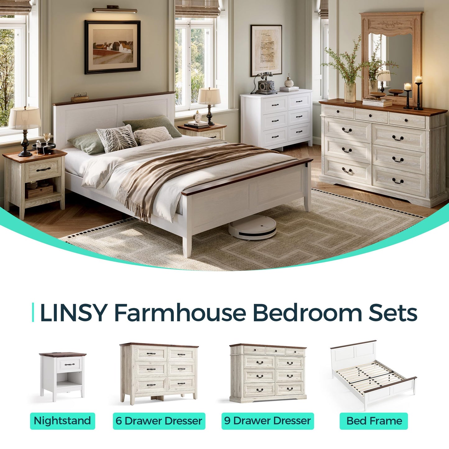 LINSY Wood Full Size Bed Frame with High Headboard, Farmhouse Bed Frame Full, Wood Bed Noise-Free, No Box Spring Needed - Grey