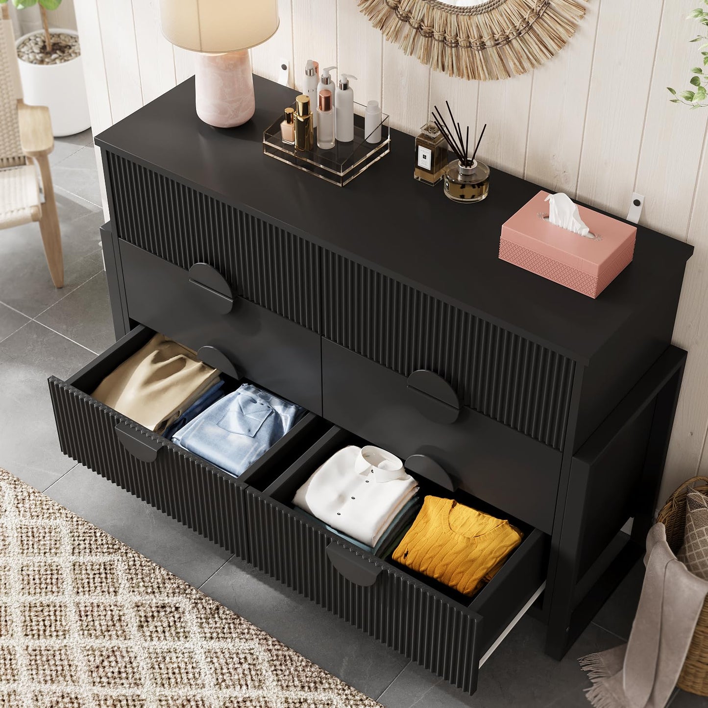 LGHM Fluted Gray Dresser for Bedroom, 50" Wide Chest of Drawers, Modern 6 Deep Drawers Dresser with Raised H Legs -Curved Profile Design, Easy Round Handles for Bedroom,Livingroom, Hallway, Gray