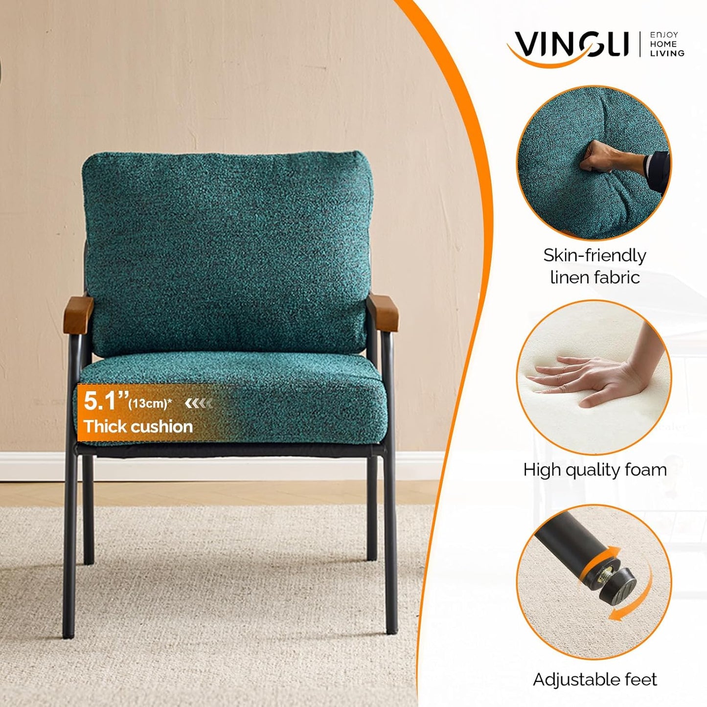 VINGLI Mid-Century Modern Accent Armchiar for Small Space, Small Comfy Upholstered Leisure Reading Chair with Wood Armrest for Bedroom, Living Room, Waiting Room, Linen Teal