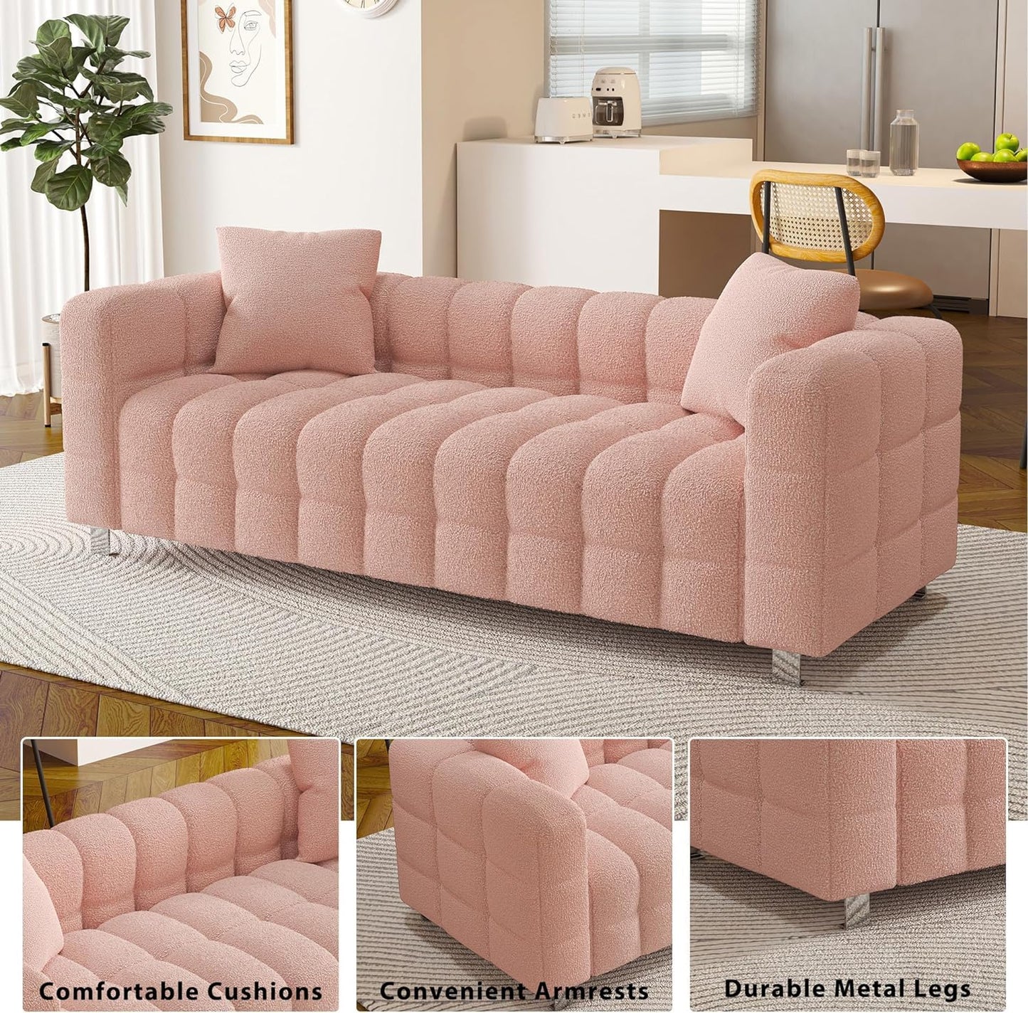 87.4" Modern 3 Seater Boucle Sofa Couch for Living Room, Mid Century Fluffy Couches with Solid Wood Frame and 6 Legs for Bedroom, Apartment, Weight Capacity 750 LBS (White)