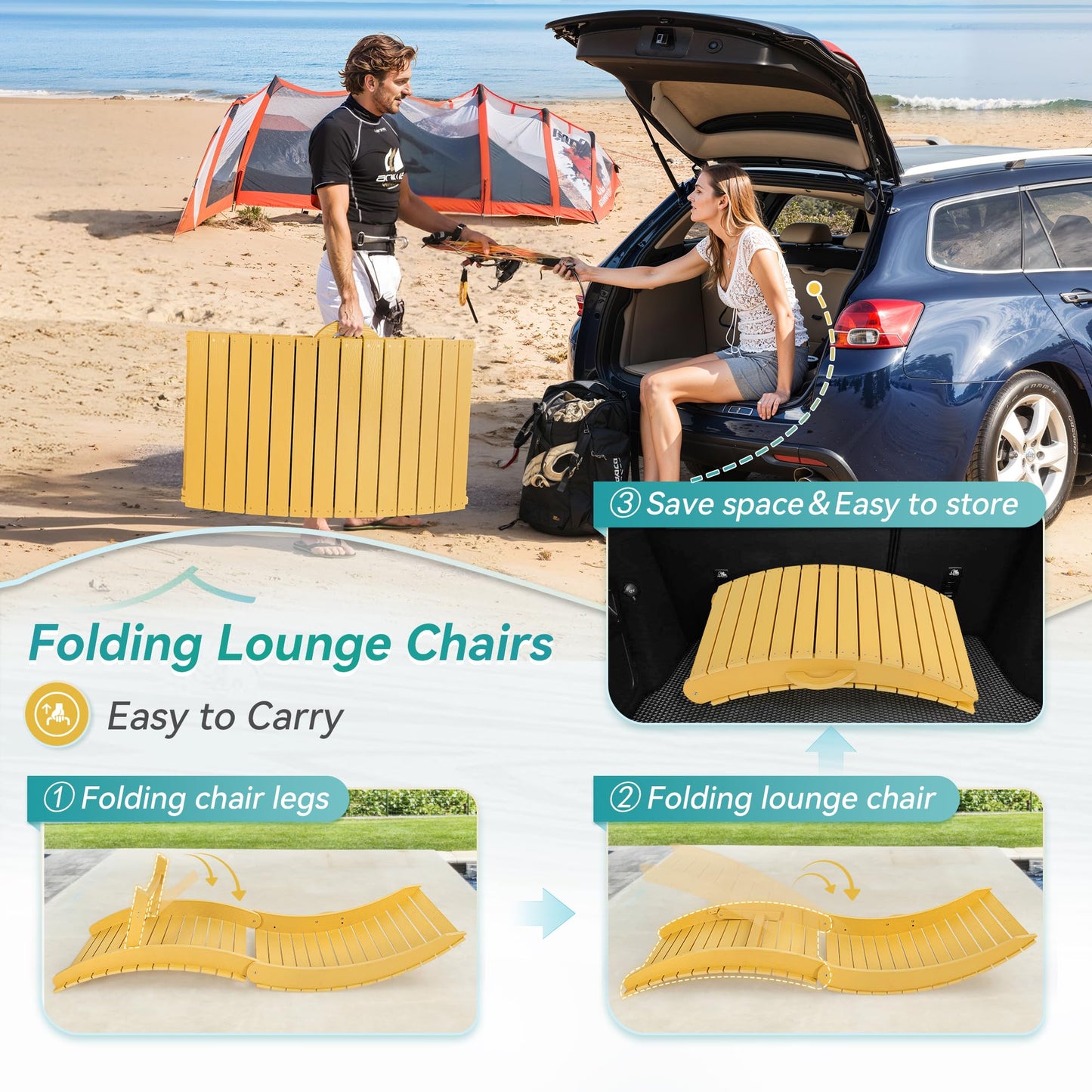 Folding Pool Lounge Chairs Set of 2, HDPS Anti-Floating Lounge Chairs for in-Pool Use, Chairs with Headrest for Hotel, Resort, Poolside, Beach & Sun Decks, Yellow