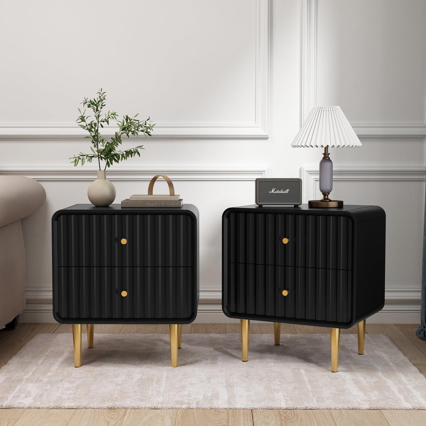 HLR Modern Nightstand Set of 2, Fluted Bed Side Table with 2 Drawers Storage, Wood End Table with Gold Metal Handle, White Night Stands for Bedroom