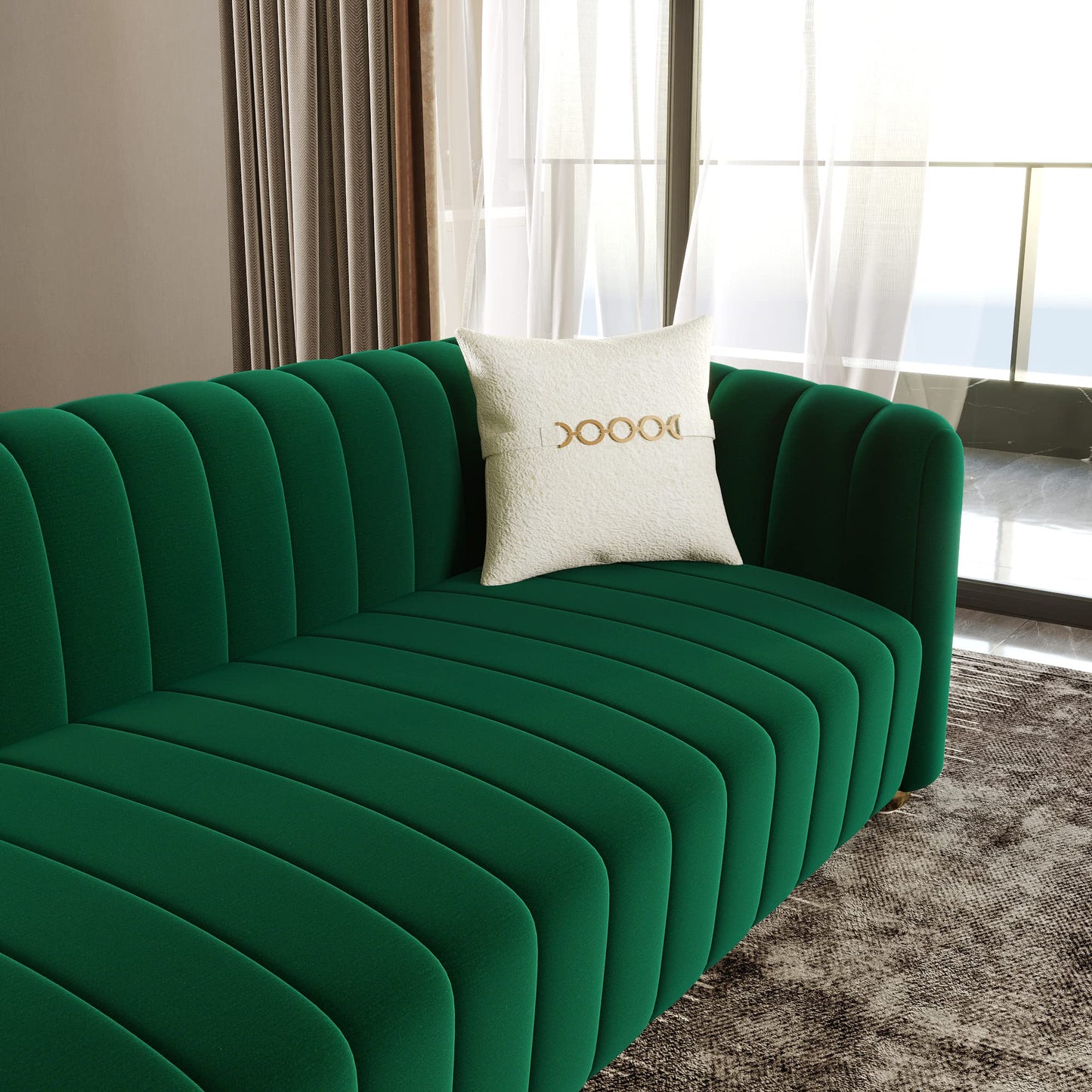 83'' Sofa for Living Room Modern Teddy Short Plush Couch 3-Seater Apartment Sofa with 2 Pillows & Golden Metal Legs