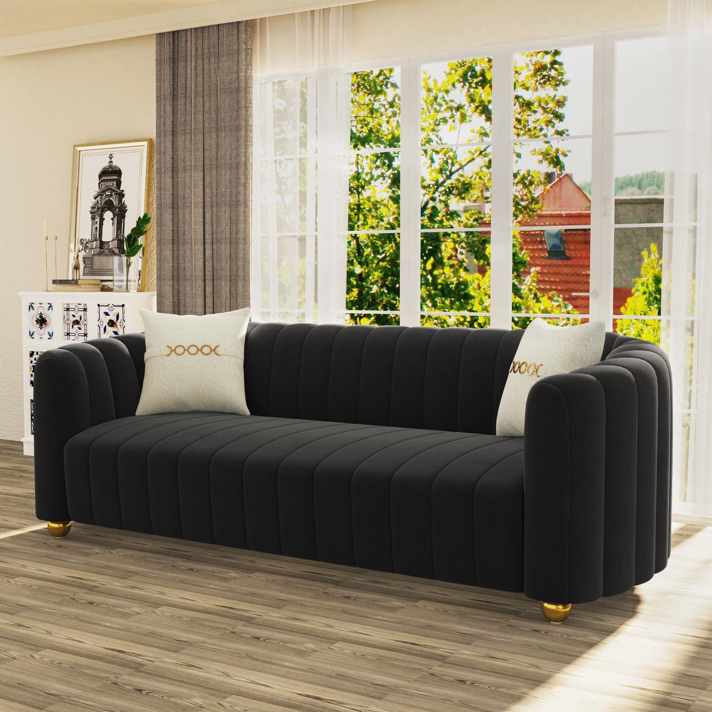 83'' Sofa for Living Room Modern Teddy Short Plush Couch 3-Seater Apartment Sofa with 2 Pillows & Golden Metal Legs