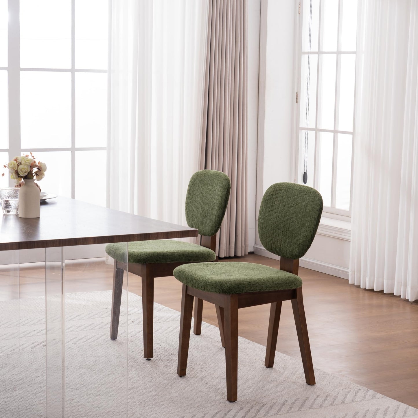 VKNOW Wooden Dining Chairs Set of 4, Mid Century Modern Upholstered Kitchen Side Chairs, Chenille Dining Room Chair with Curved Seat Backrest for Home Dining Room,Green
