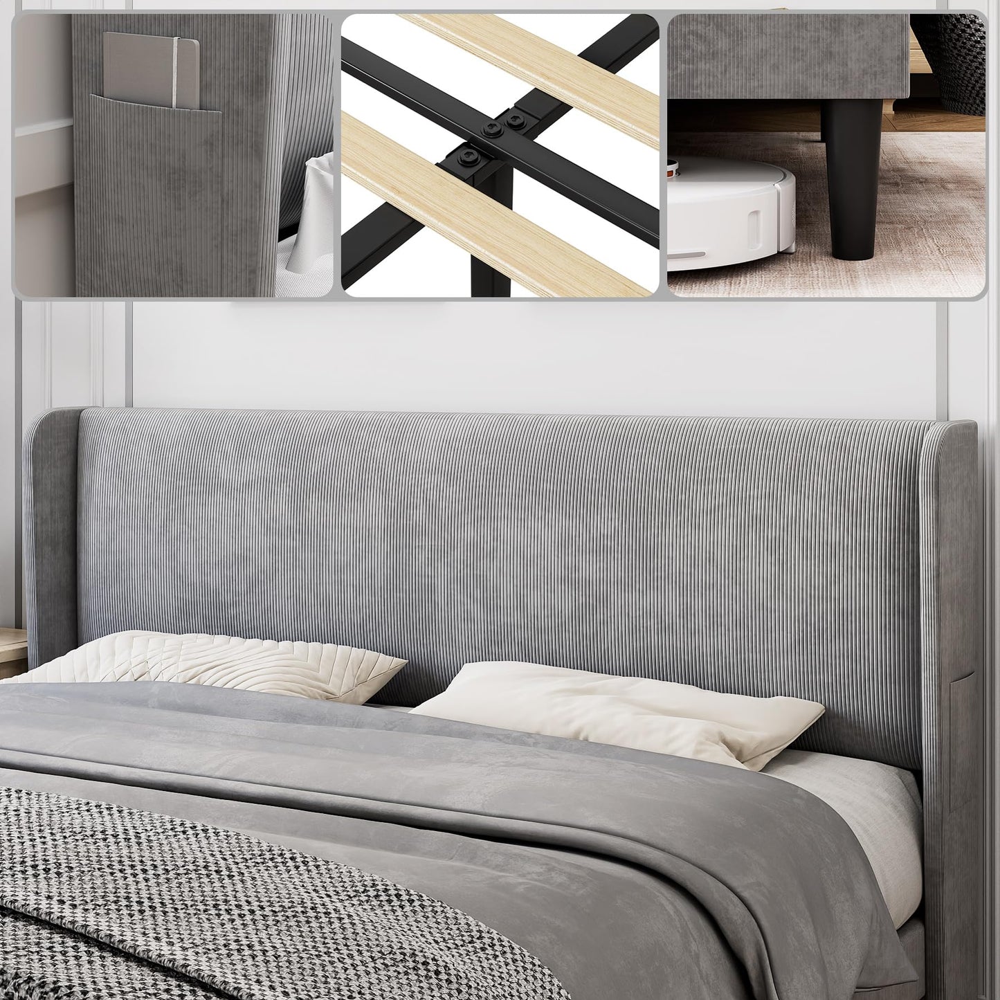 IDEALHOUSE King Upholstered Bed Frame with Wingback Headboard, Luxurious Velvet Upholstery Platform Bed, Wooden Slat Support, and Easy Assembly - Box Spring Optional, Light Gray