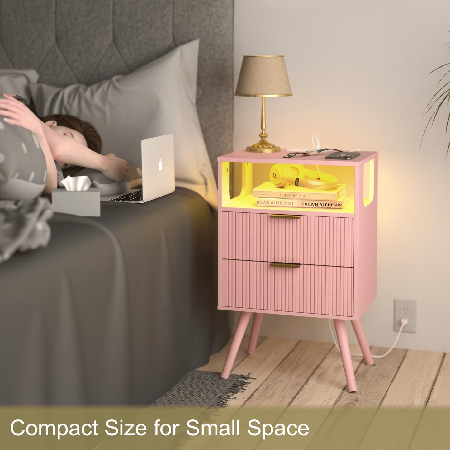 Nightstand with Charging Station and LED Lights,Modern Bedside Table with 2 Storage Drawer and Open Wood Shelf, for Bedroom and Small Spaces,Night Stand with Solid Wood Legs,GreyOak
