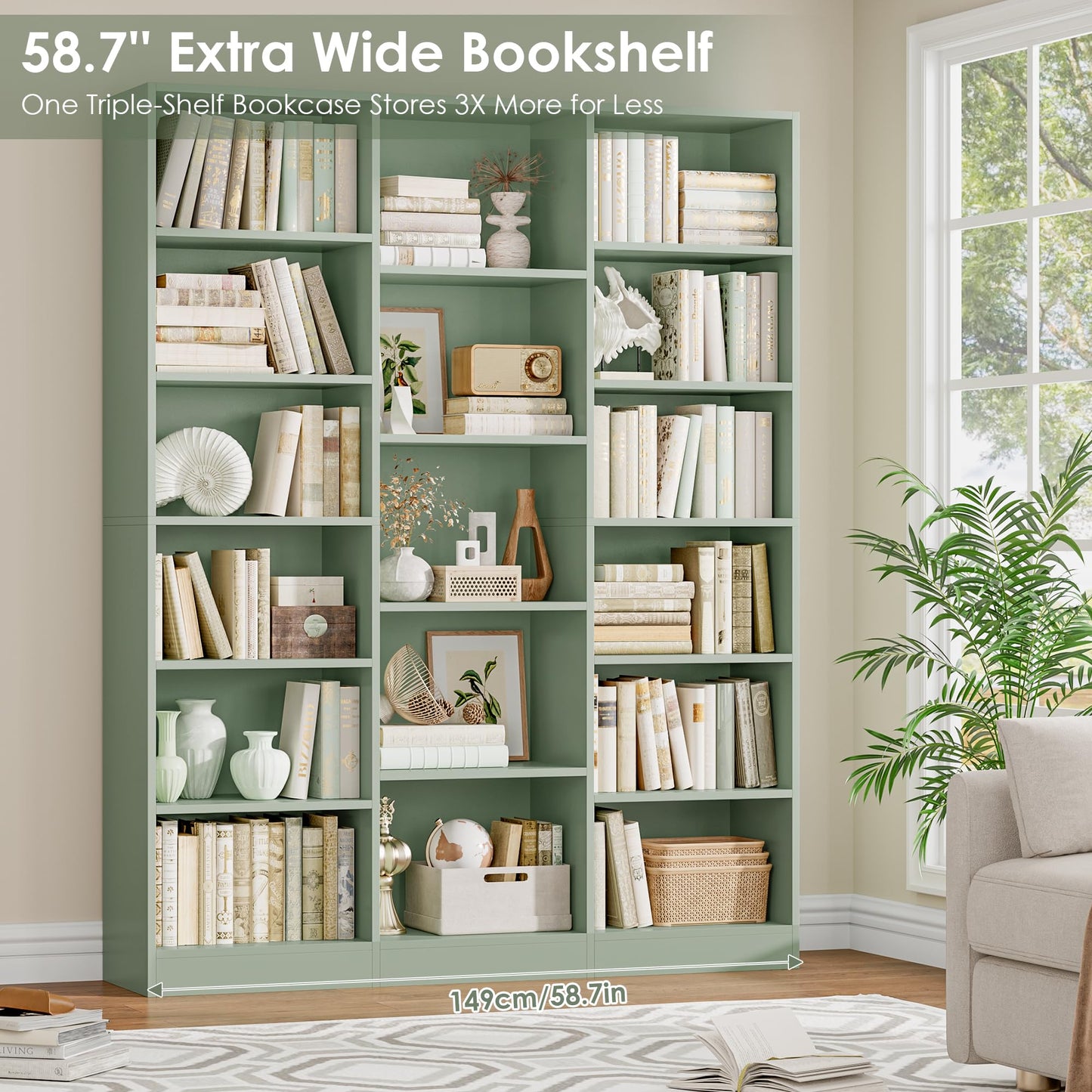 Triple Wide Bookshelf, 6 Tier Large Bookshelf, Bookcase with 17 Open Display Shelves, 74'' Tall Bookcases and Bookshelves for Living Room, Home Office, Library, White