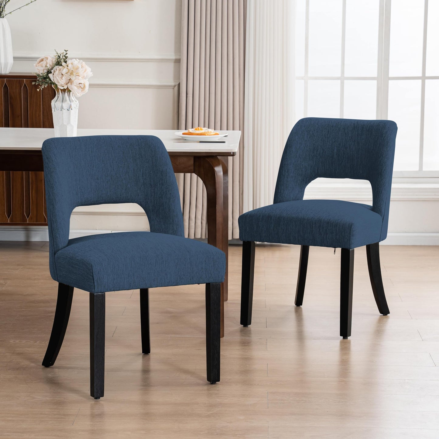 VKNOW Wooden Dining Chairs Set of 2, Modern Fabric Upholstered Dining Room Chair Kitchen Chairs, Farmhouse Dinner Chair for Kitchen Dining Room, Beige-Black Legs