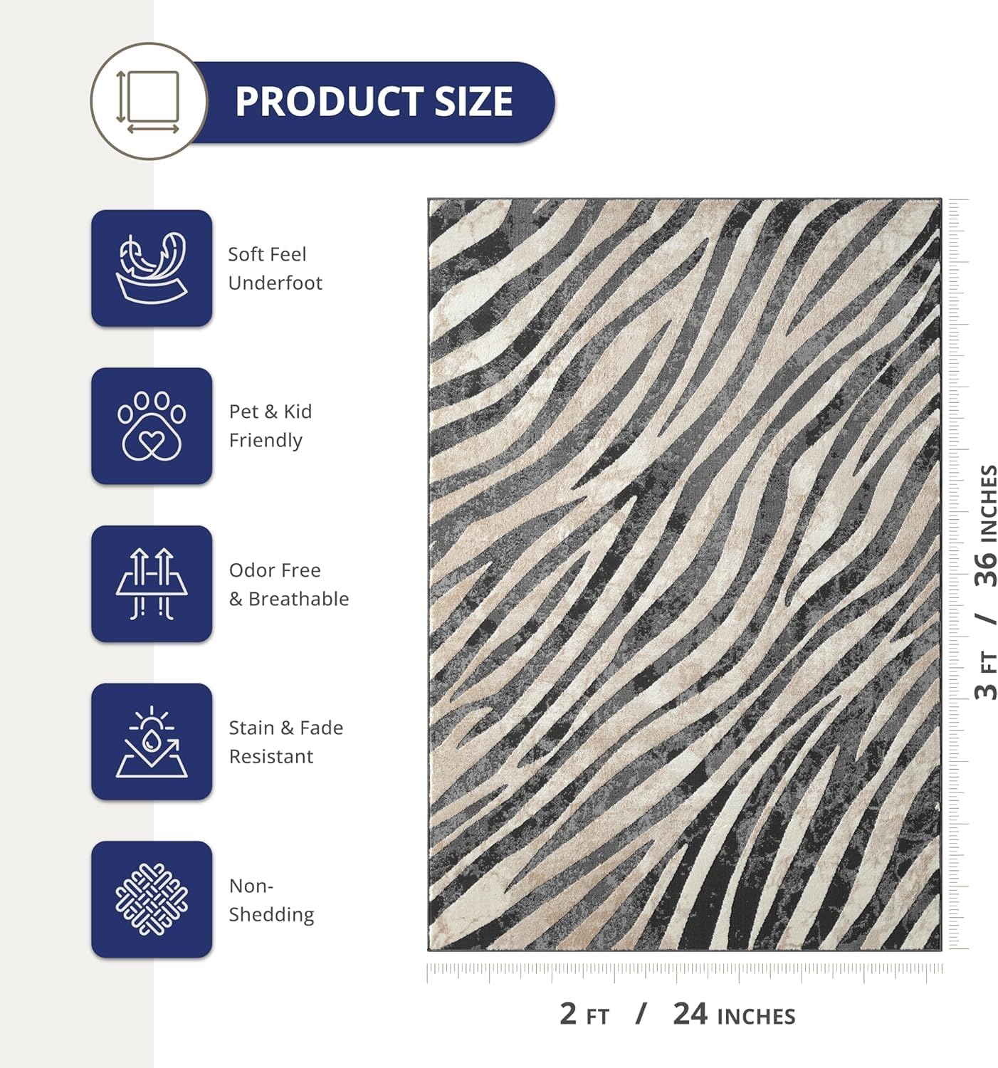 Abani Terra Area Rug for Living Room, Bedroom - Zebra Pattern - Black Cream - 9' x 12' - Durable & Easy to Clean