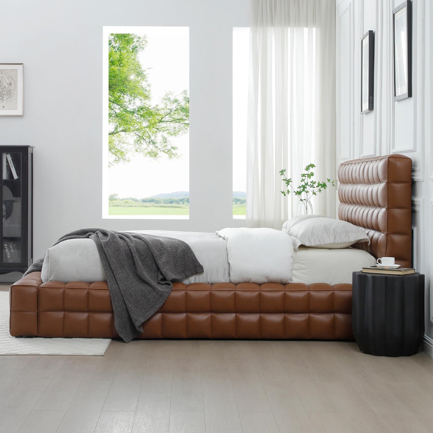 Woodpeckers Furniture And Mattress Livia Vegan Leather Upholstered Bed Frame (Brown, King)