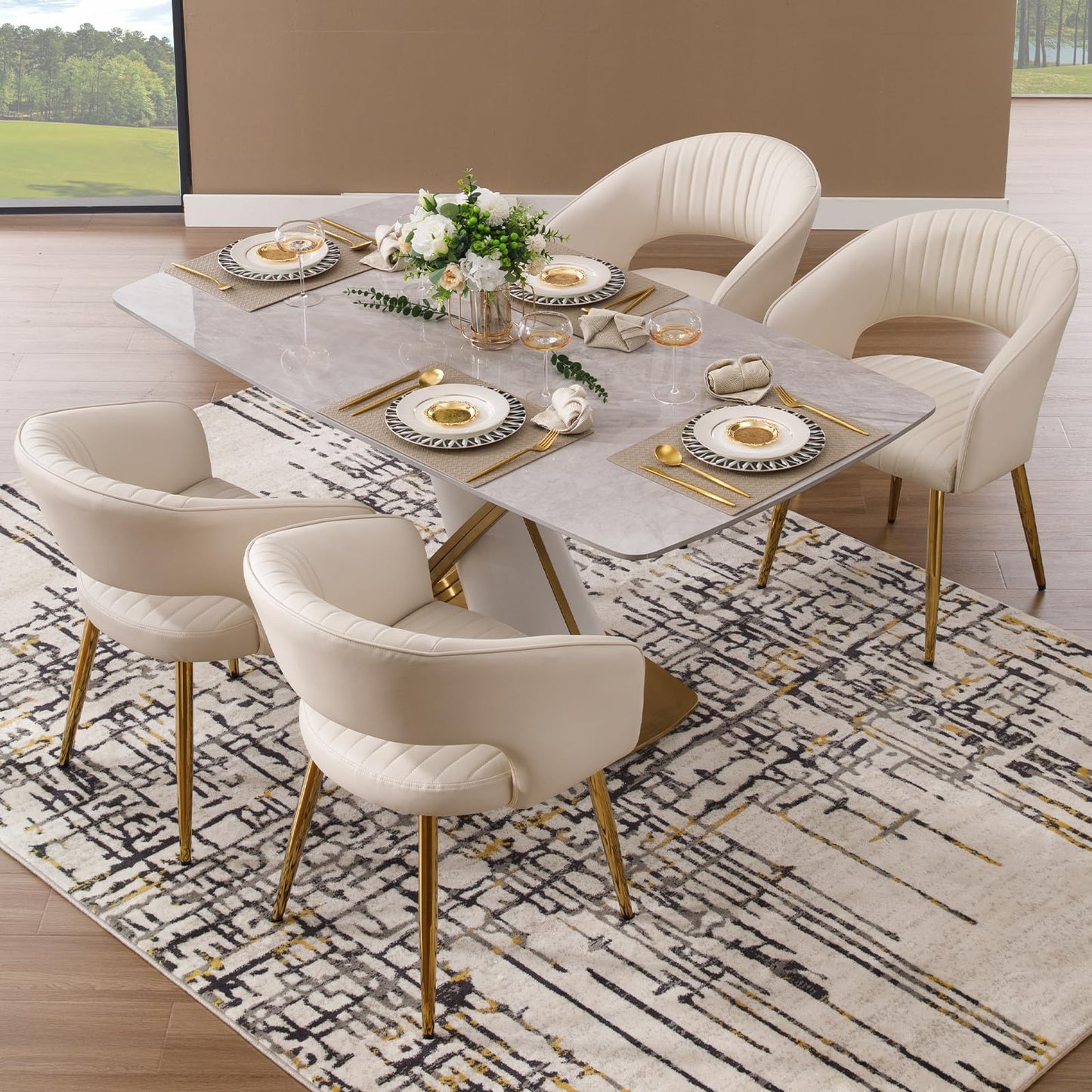 Modern Velvet Dining Chairs Set of 2, Upholstered Gold Dining Chairs with Hollow Back, Dining Room Chairs with Gold Legs, Accent Armrest Kitchen Chairs for Living Room Reception Teal Blue