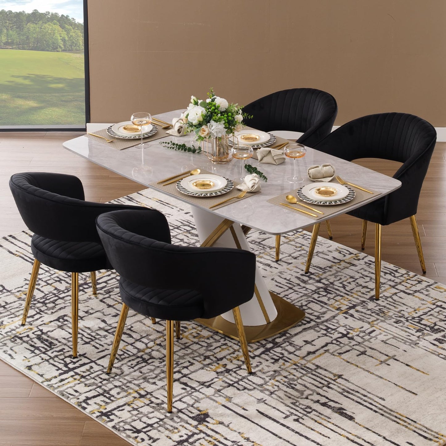 Modern Velvet Dining Chairs Set of 2, Upholstered Gold Dining Chairs with Hollow Back, Dining Room Chairs with Gold Legs, Accent Armrest Kitchen Chairs for Living Room Reception Teal Blue