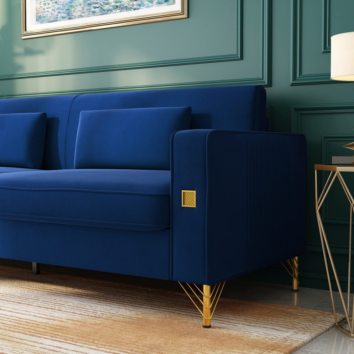 85.63" Velvet Sofa,Modern Loveseat Couch with Pillows Set of 2 for Living Room,Bedroom,Apartment Furniture with Gold Metal Legs (Green)