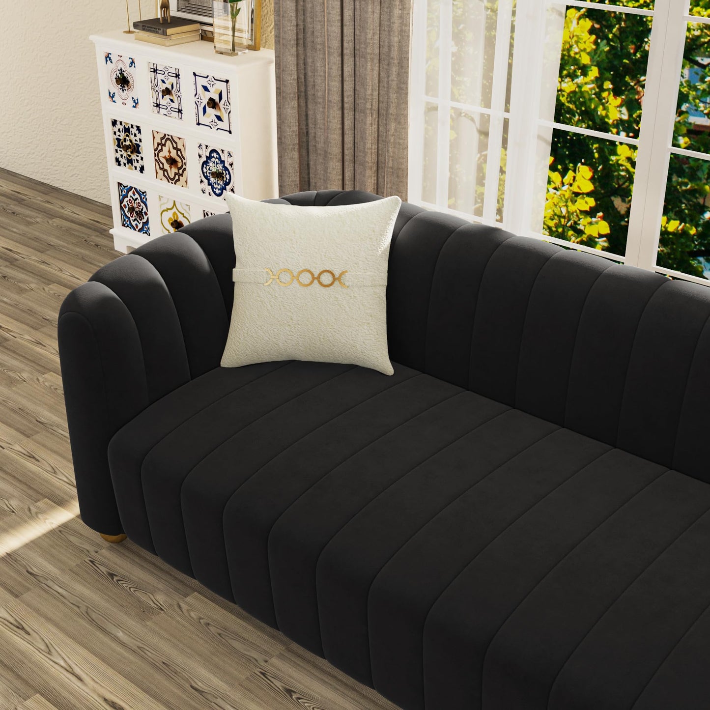 83'' Sofa for Living Room Modern Teddy Short Plush Couch 3-Seater Apartment Sofa with 2 Pillows & Golden Metal Legs