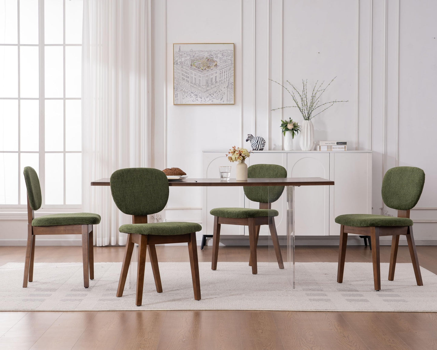 VKNOW Wooden Dining Chairs Set of 4, Mid Century Modern Upholstered Kitchen Side Chairs, Chenille Dining Room Chair with Curved Seat Backrest for Home Dining Room,Green