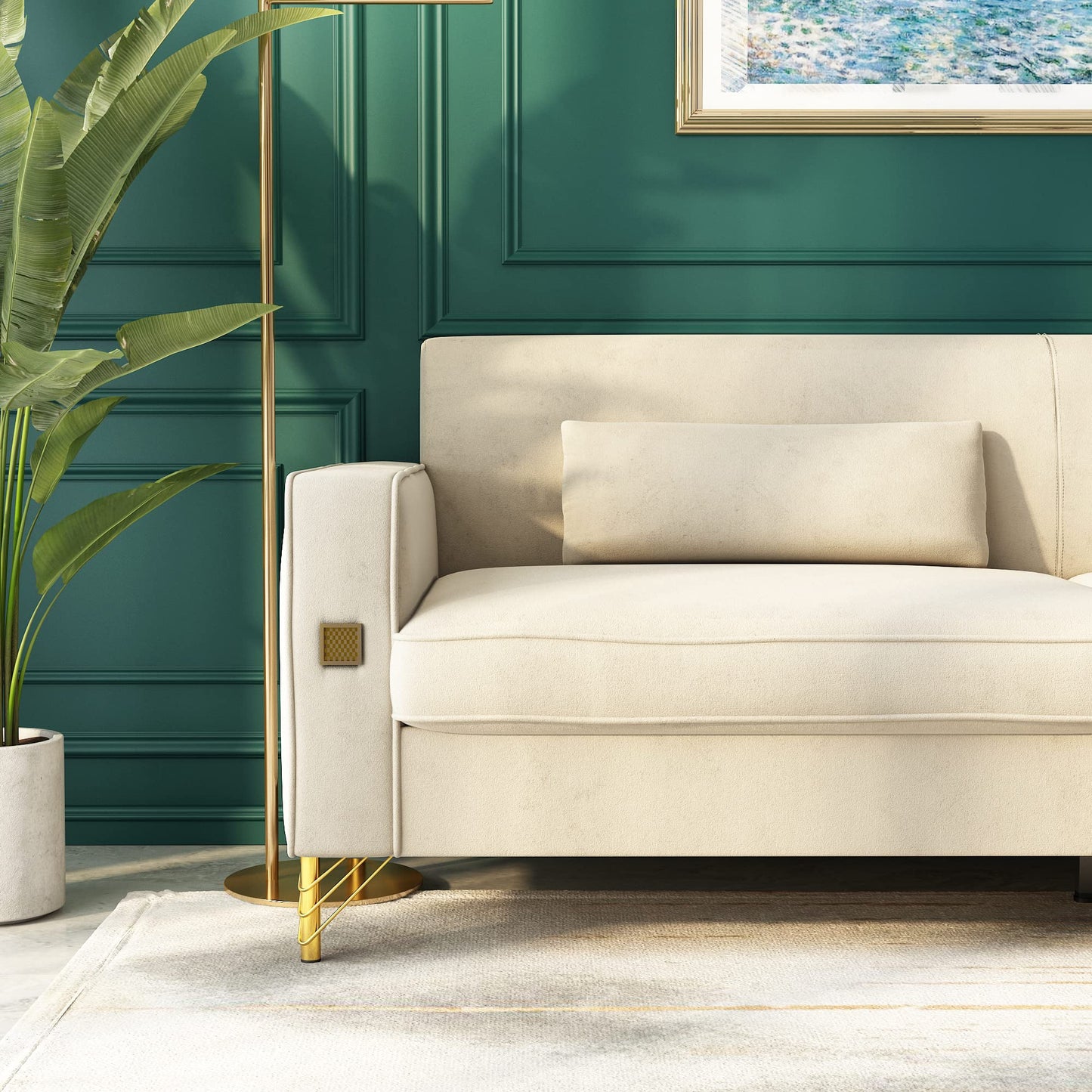 85.63" Velvet Sofa,Modern Loveseat Couch with Pillows Set of 2 for Living Room,Bedroom,Apartment Furniture with Gold Metal Legs (Green)