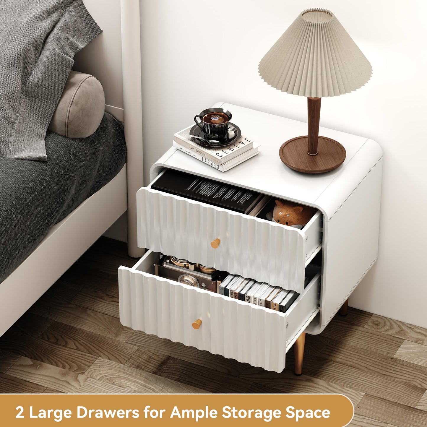 HLR Modern Nightstand Set of 2, Fluted Bed Side Table with 2 Drawers Storage, Wood End Table with Gold Metal Handle, White Night Stands for Bedroom