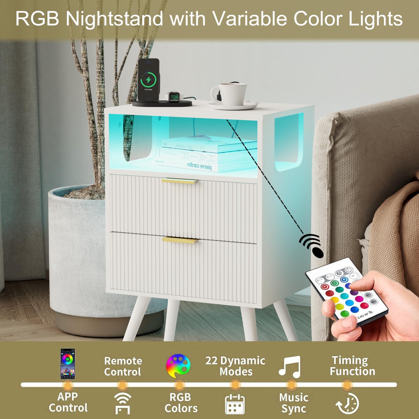 Nightstand with Charging Station and LED Lights,Modern Bedside Table with 2 Storage Drawer and Open Wood Shelf, for Bedroom and Small Spaces,Night Stand with Solid Wood Legs,GreyOak