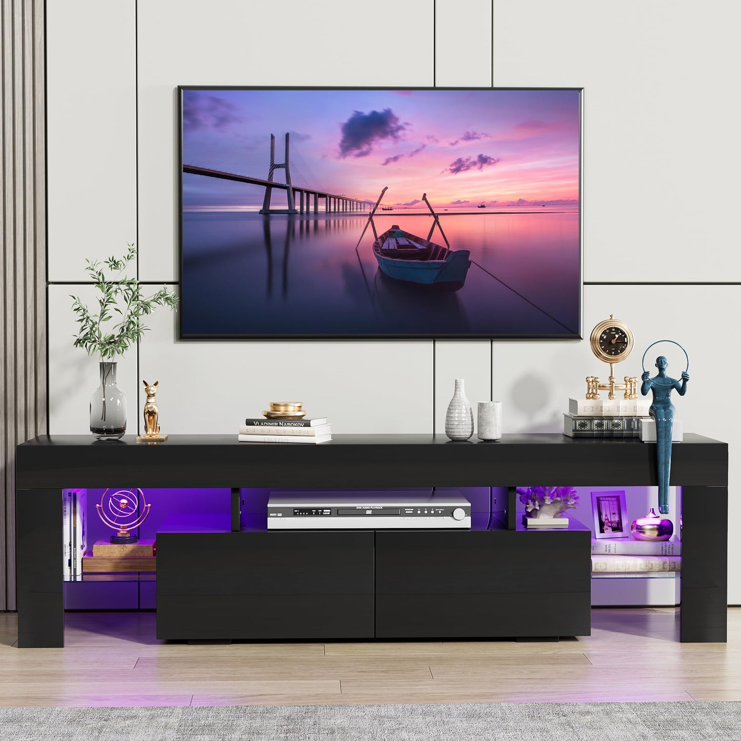 JUMMICO TV Stand, Modern Lighting TV Cabinet Entertainment Center Media and Open Shelf, TV Console Table with 1 Drawer and Remote Control, 20 Color LED Lights up to 70 Inch TV (White)