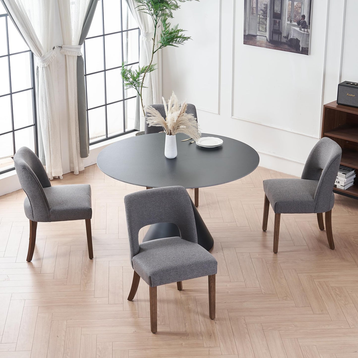 VKNOW Wooden Dining Chairs Set of 2, Modern Fabric Upholstered Dining Room Chair Kitchen Chairs, Farmhouse Dinner Chair for Kitchen Dining Room, Beige-Black Legs