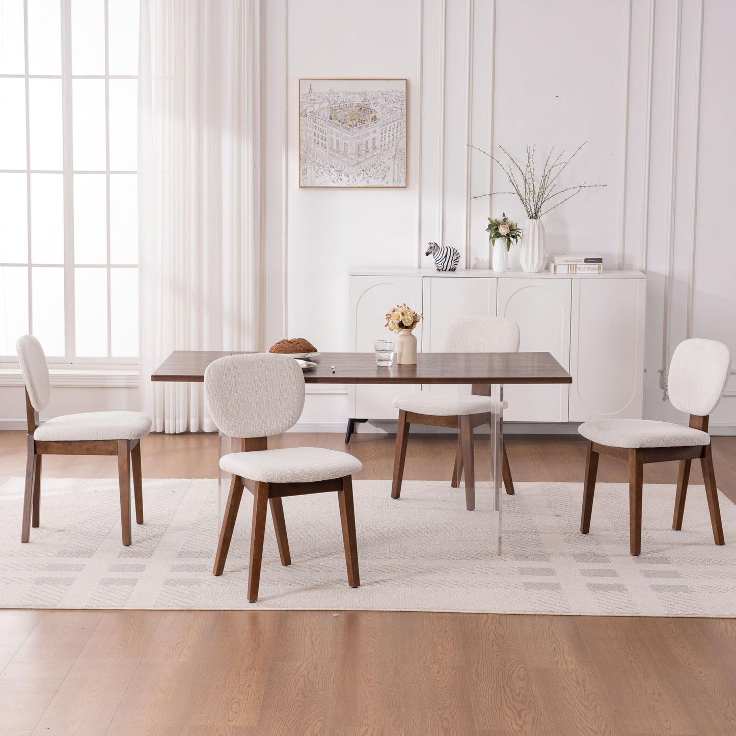 VKNOW Wooden Dining Chairs Set of 4, Mid Century Modern Upholstered Kitchen Side Chairs, Chenille Dining Room Chair with Curved Seat Backrest for Home Dining Room,Green