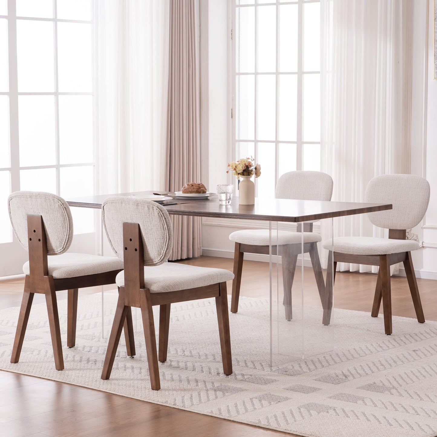 VKNOW Wooden Dining Chairs Set of 4, Mid Century Modern Upholstered Kitchen Side Chairs, Chenille Dining Room Chair with Curved Seat Backrest for Home Dining Room,Green