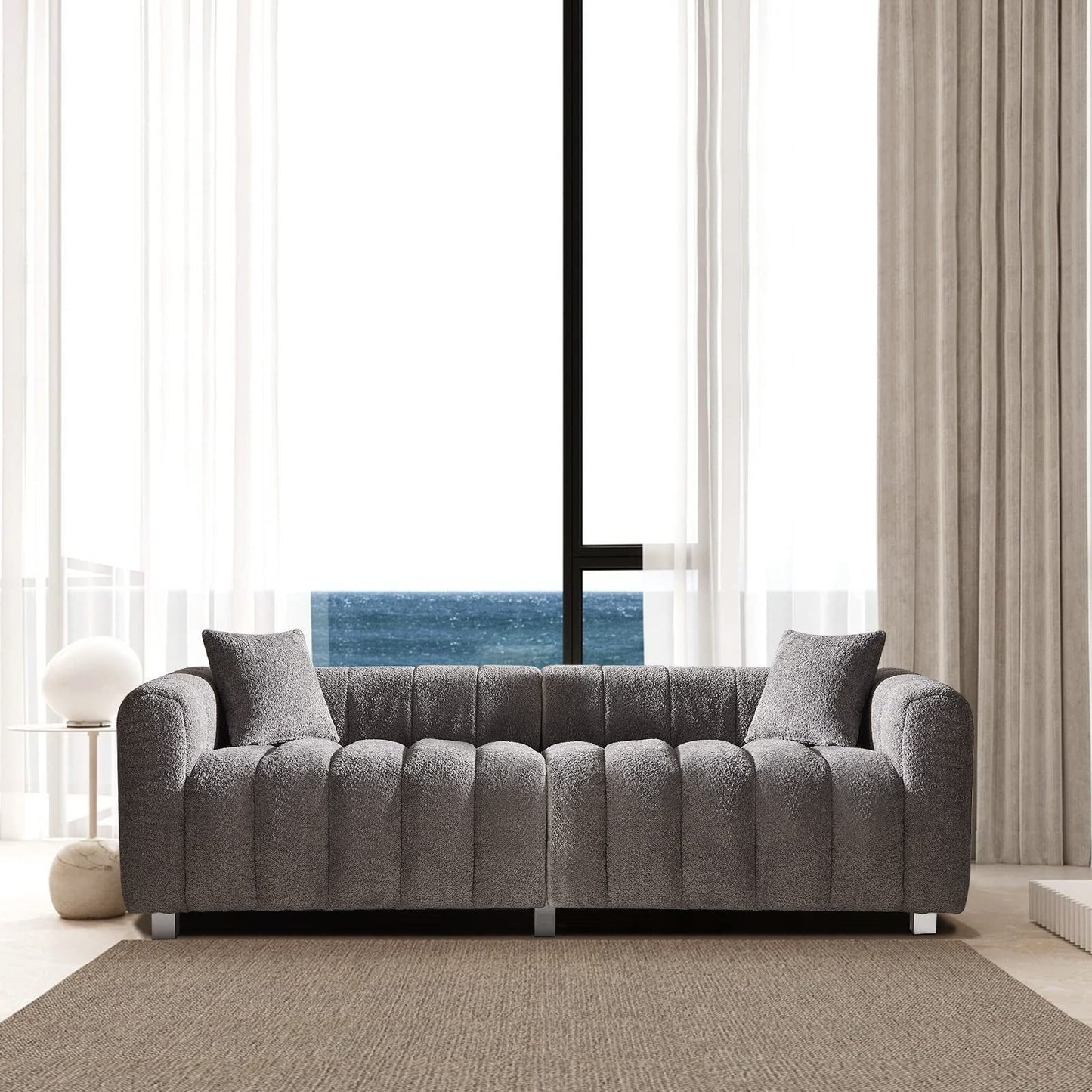 87.4" Modern 3 Seater Boucle Sofa Couch for Living Room, Mid Century Fluffy Couches with Solid Wood Frame and 6 Legs for Bedroom, Apartment, Weight Capacity 750 LBS (White)