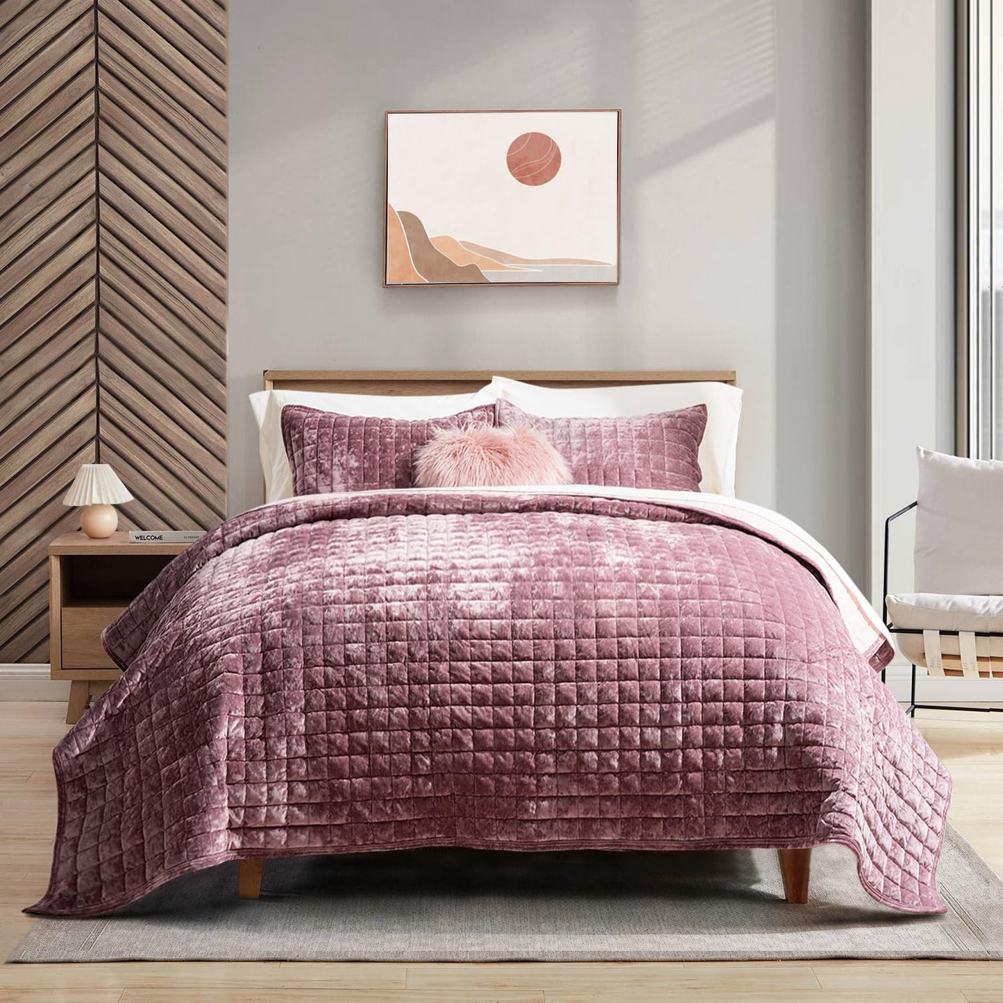 RECYCO Luxury Velvet Quilt Set King Size, Lightweight Velvet Comforter Set, Oversized Bedspread Coverlet Quilted Bedding Set, with 2 Matching Pillow Shams, for All Season, Navy Blue